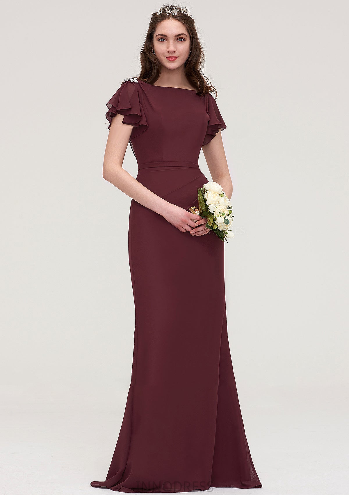 Short Sleeve Bateau Long/Floor-Length Sheath/Column Chiffon Bridesmaid Dresses With Crystal Detailing Sashes Krista DPP0025440