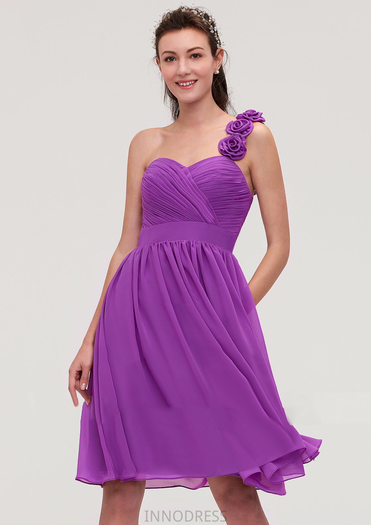 One-Shoulder Sleeveless Knee-Length Chiffon A-line/Princess Bridesmaid Dresseses With Pleated Flowers Paisley DPP0025441