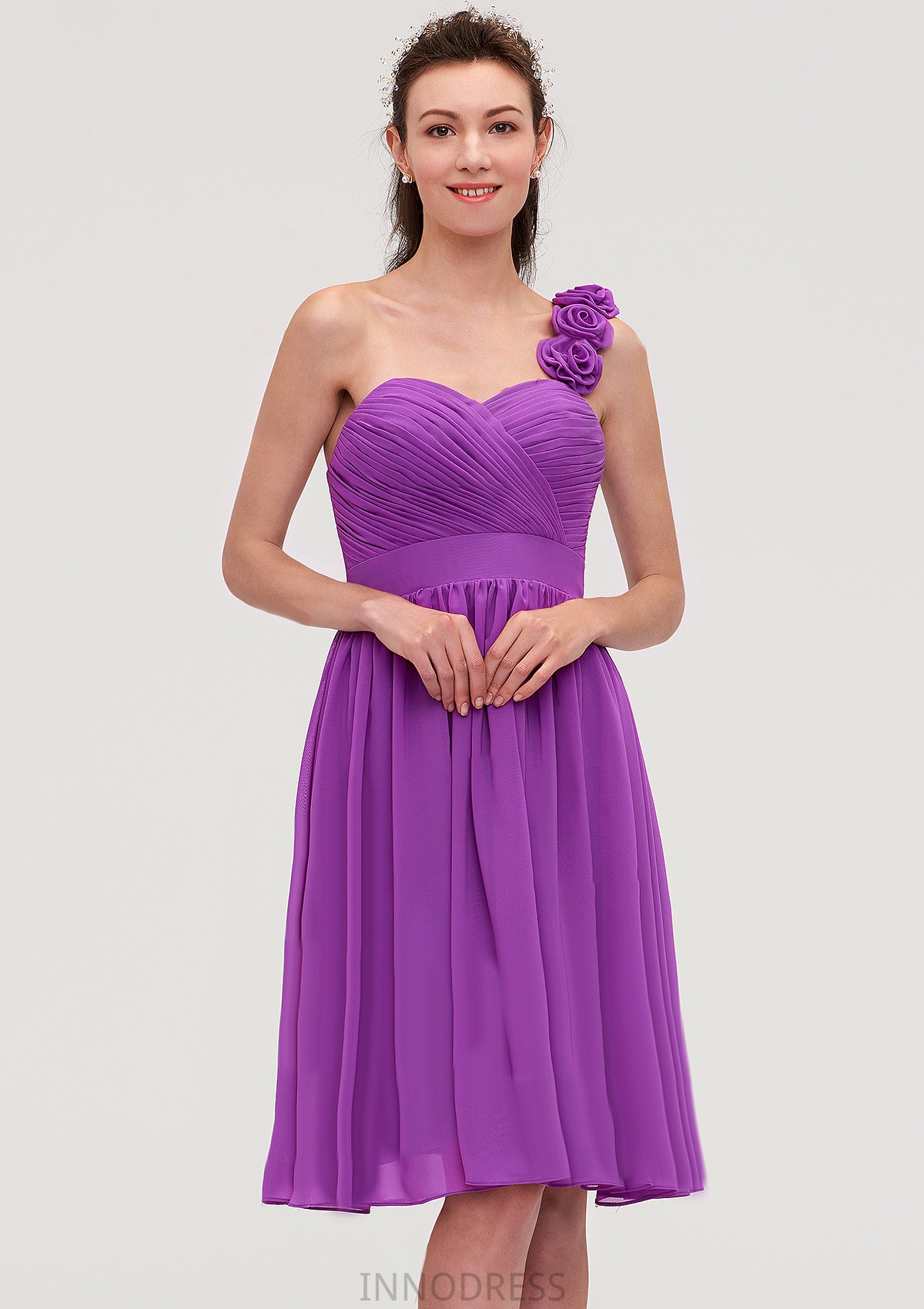 One-Shoulder Sleeveless Knee-Length Chiffon A-line/Princess Bridesmaid Dresseses With Pleated Flowers Paisley DPP0025441