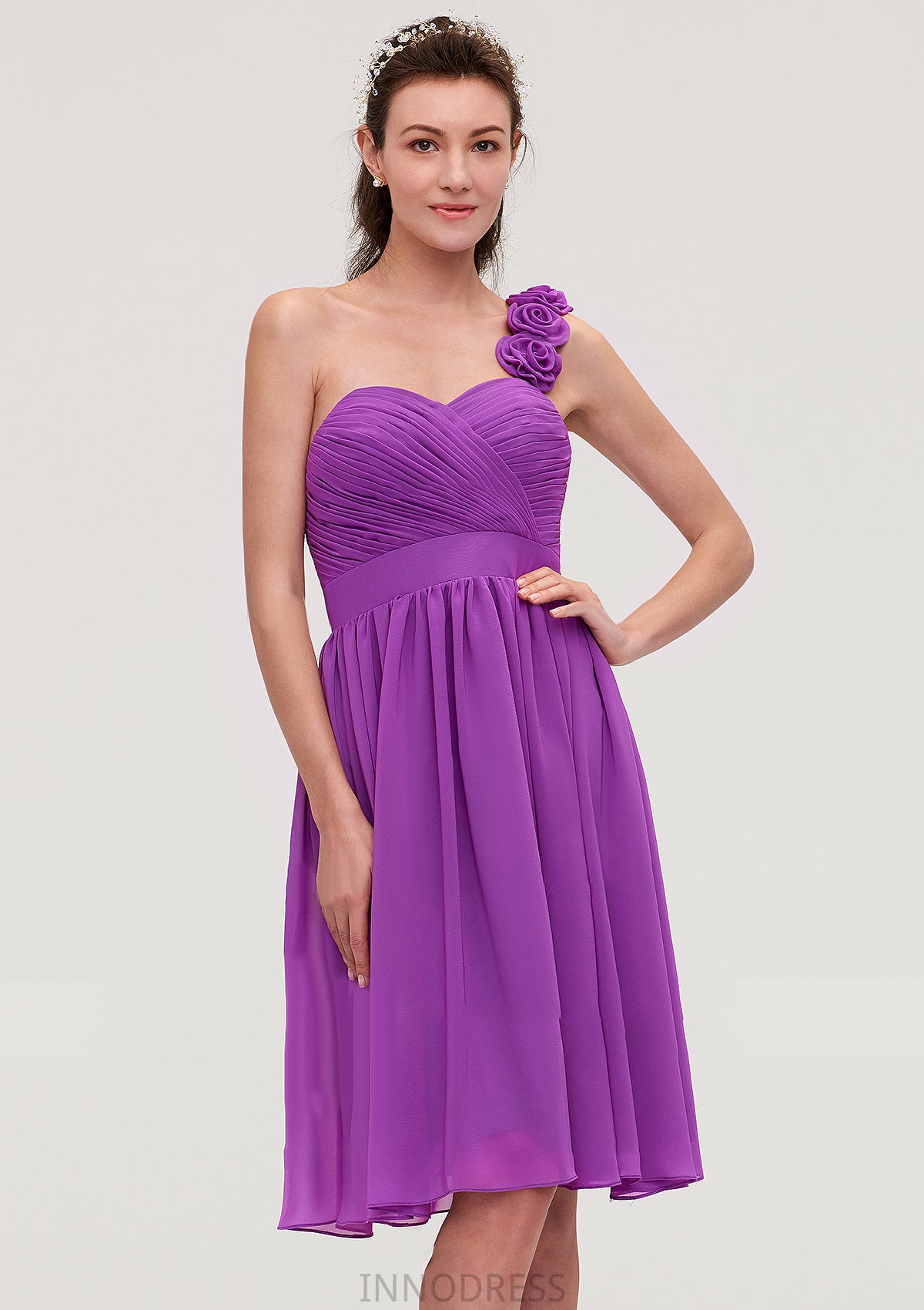 One-Shoulder Sleeveless Knee-Length Chiffon A-line/Princess Bridesmaid Dresseses With Pleated Flowers Paisley DPP0025441