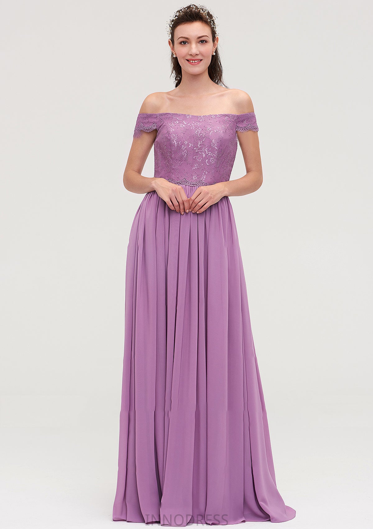 Sleeveless Off-the-Shoulder Long/Floor-Length Chiffon A-line/Princess Bridesmaid Dresseses With Appliqued Brynn DPP0025442