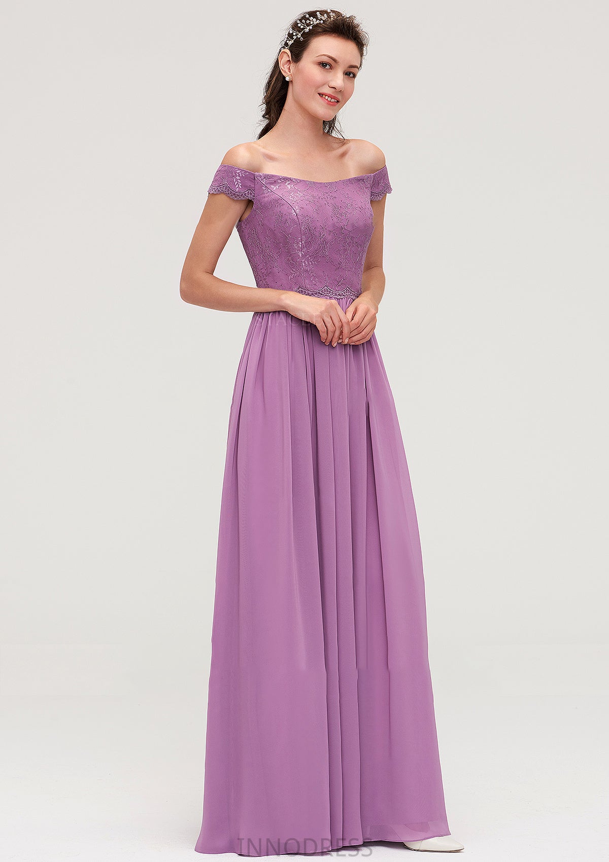 Sleeveless Off-the-Shoulder Long/Floor-Length Chiffon A-line/Princess Bridesmaid Dresseses With Appliqued Brynn DPP0025442