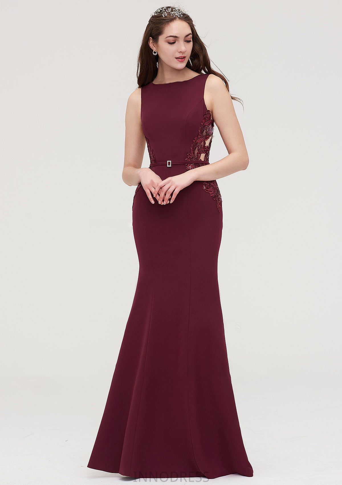 Bateau Sleeveless Sheath/Column Long/Floor-Length Elastic Satin Bridesmaid Dresses With Waistband Lace Sequins Imani DPP0025443