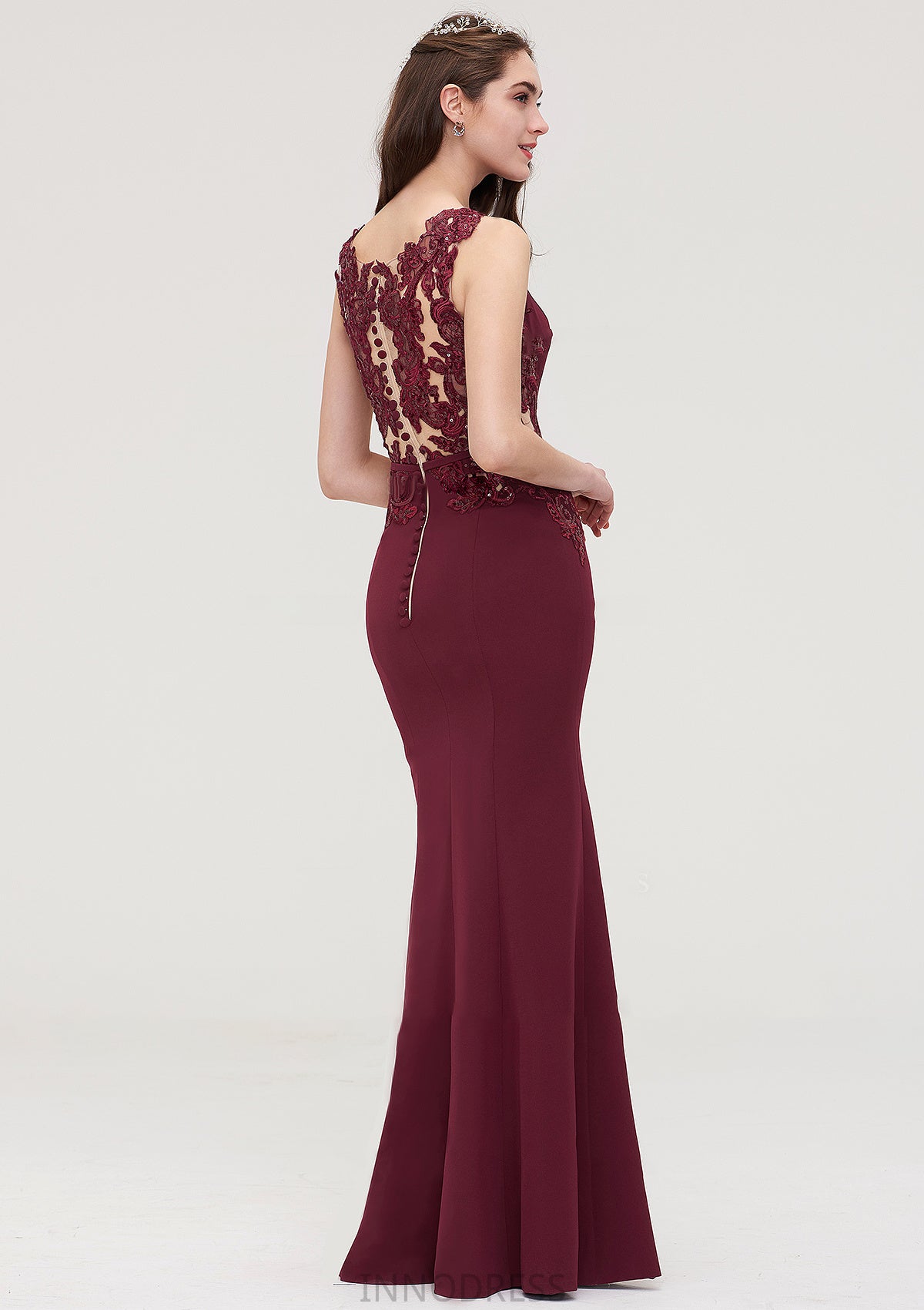 Bateau Sleeveless Sheath/Column Long/Floor-Length Elastic Satin Bridesmaid Dresses With Waistband Lace Sequins Imani DPP0025443