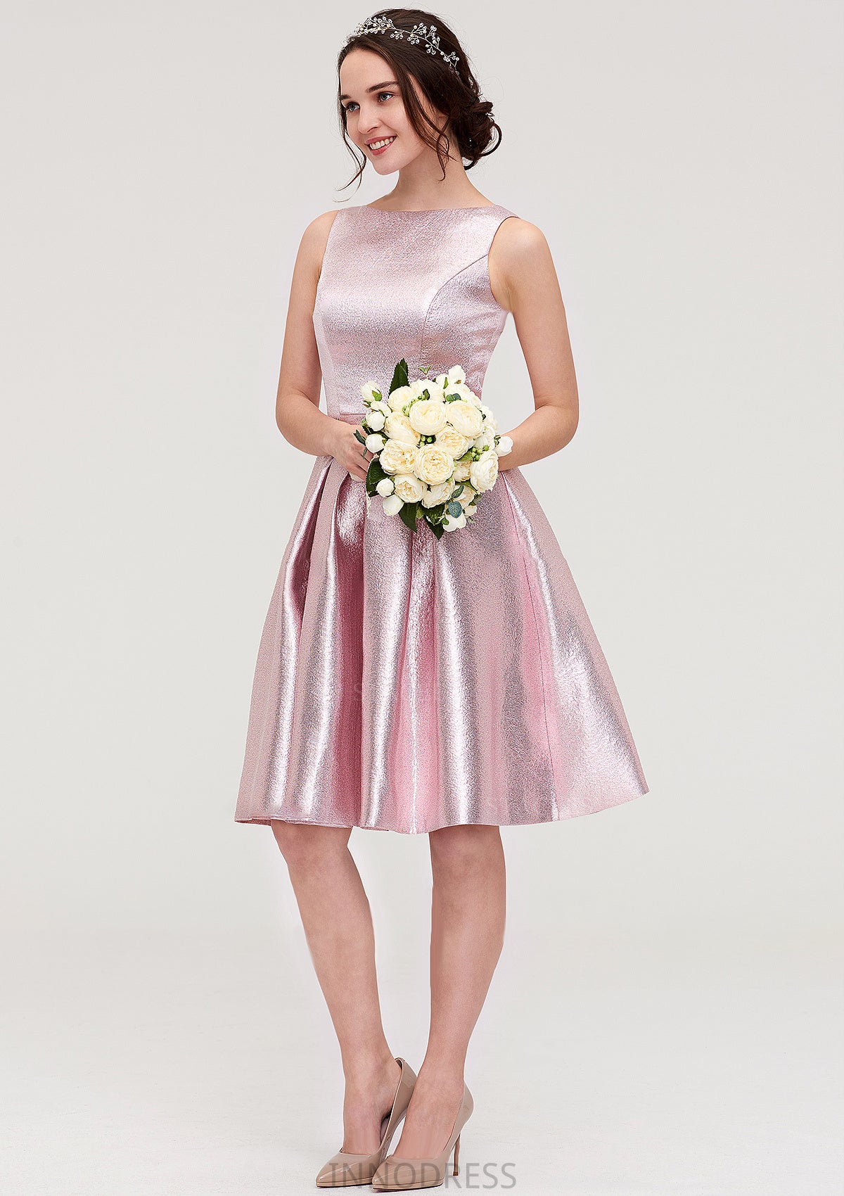 Bateau Sleeveless Taffeta Knee-Length A-line/Princess Bridesmaid Dresses With Ruffles  -   Janessa DPP0025444