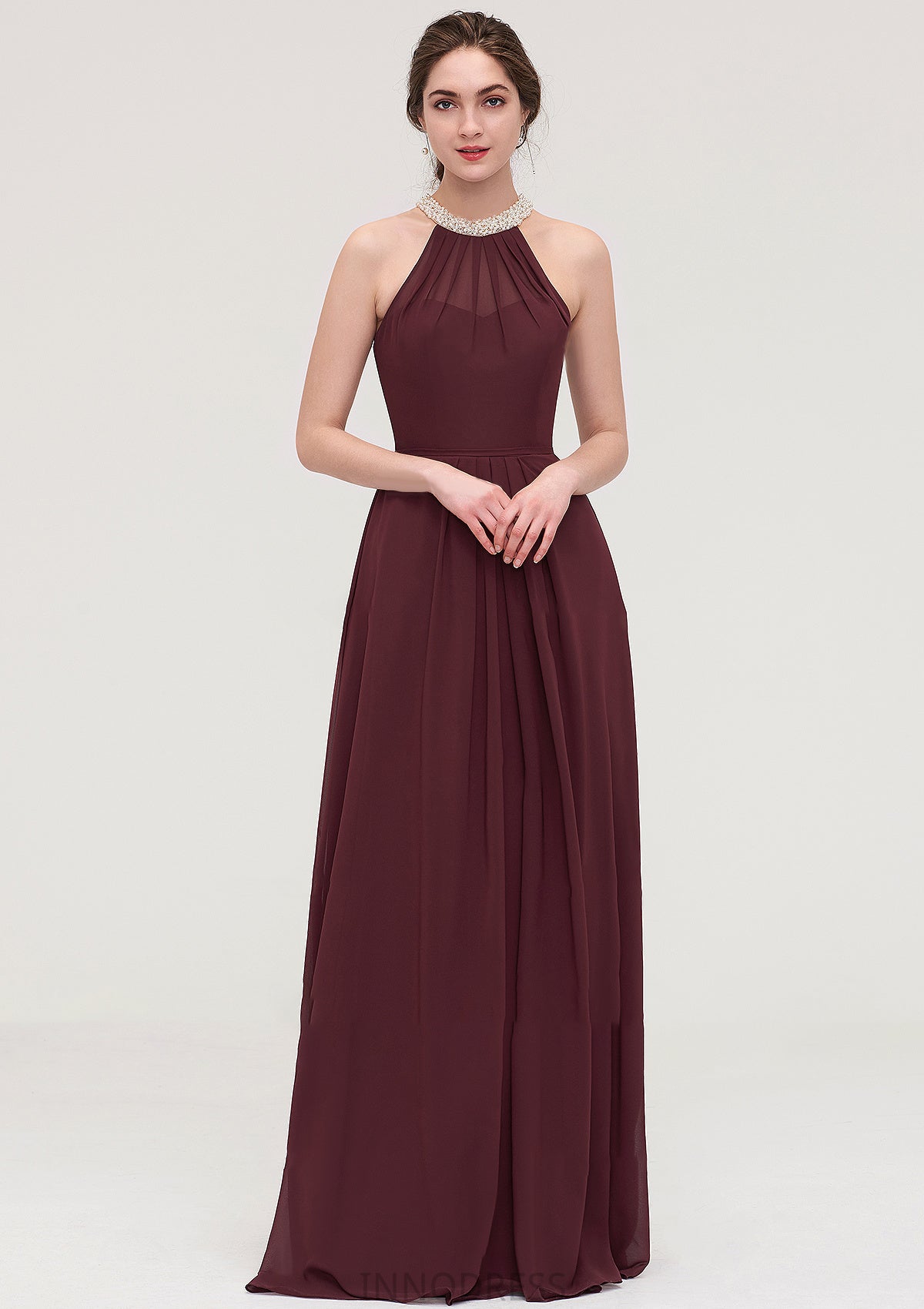 Sleeveless Halter Long/Floor-Length Chiffon A-line/Princess Bridesmaid Dresses With Beading Pleated Laurel DPP0025445