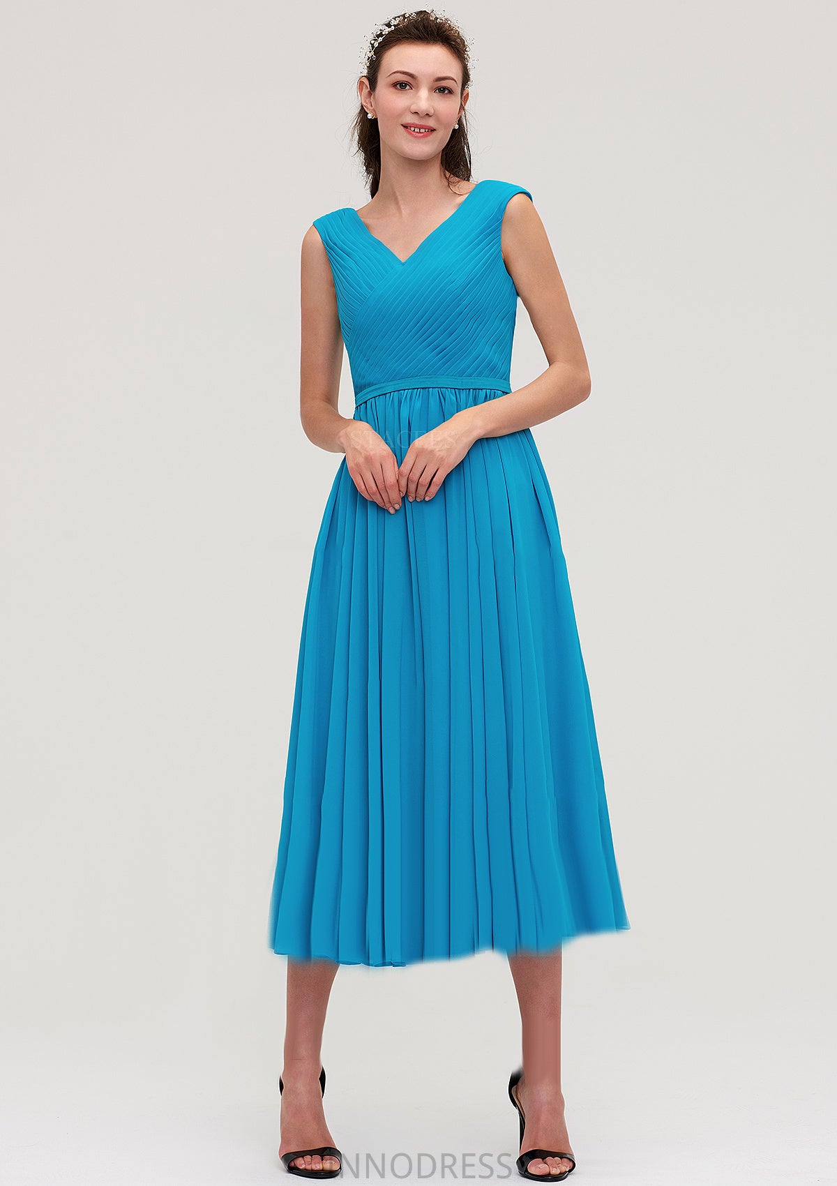 Sleeveless V Neck Tea-Length Chiffon A-line/Princess Bridesmaid Dresseses With Pleated Haley DPP0025448