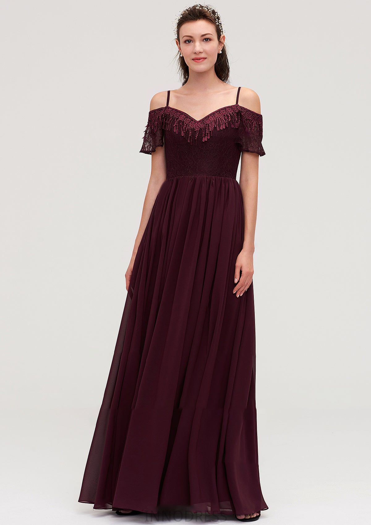 Off-the-Shoulder Sleeveless Chiffon A-line/Princess Long/Floor-Length Bridesmaid Dresseses With Lace Liliana DPP0025449