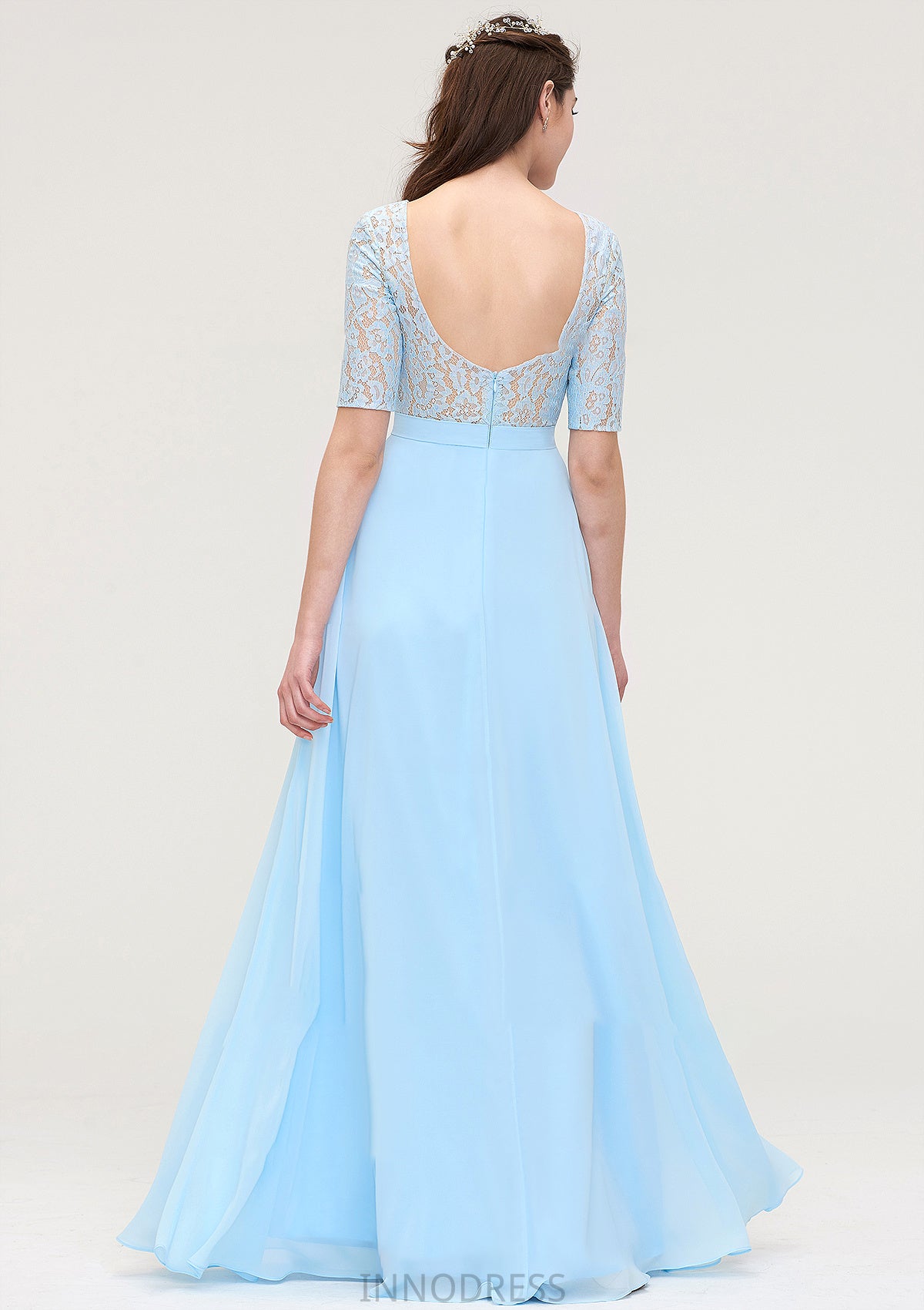 Half Sleeve Long/Floor-Length Bateau Chiffon A-line/Princess Bridesmaid Dresses With Lace Louisa DPP0025450