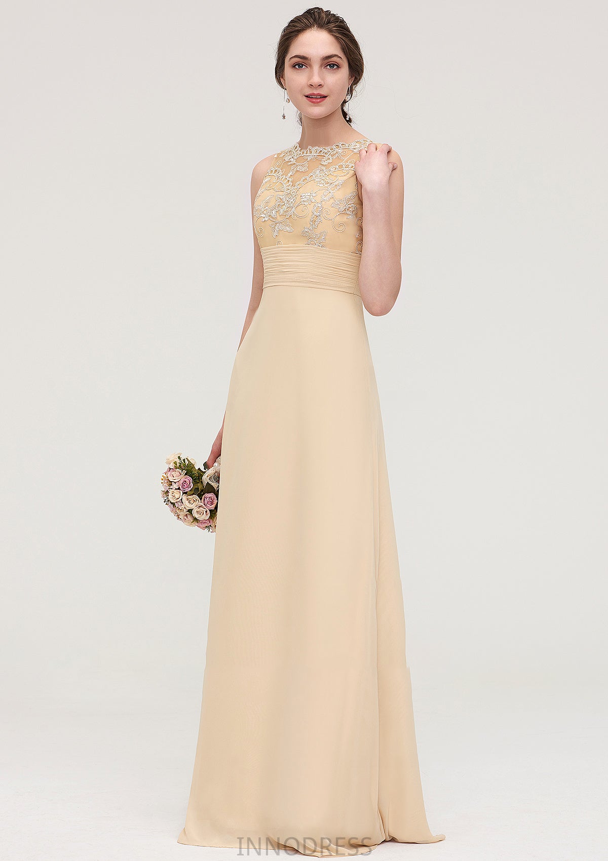 Sleeveless Halter Open Back Long/Floor-Length Sheath/Column Chiffon Bridesmaid Dresses With Pleated Lace Mylie DPP0025451