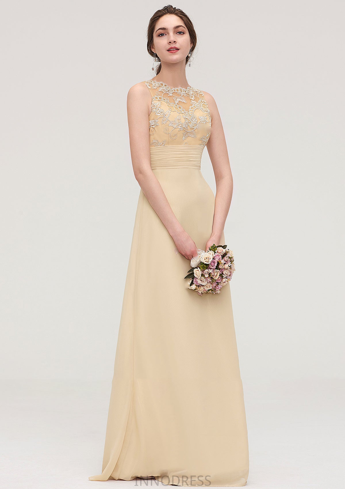 Sleeveless Halter Open Back Long/Floor-Length Sheath/Column Chiffon Bridesmaid Dresses With Pleated Lace Mylie DPP0025451