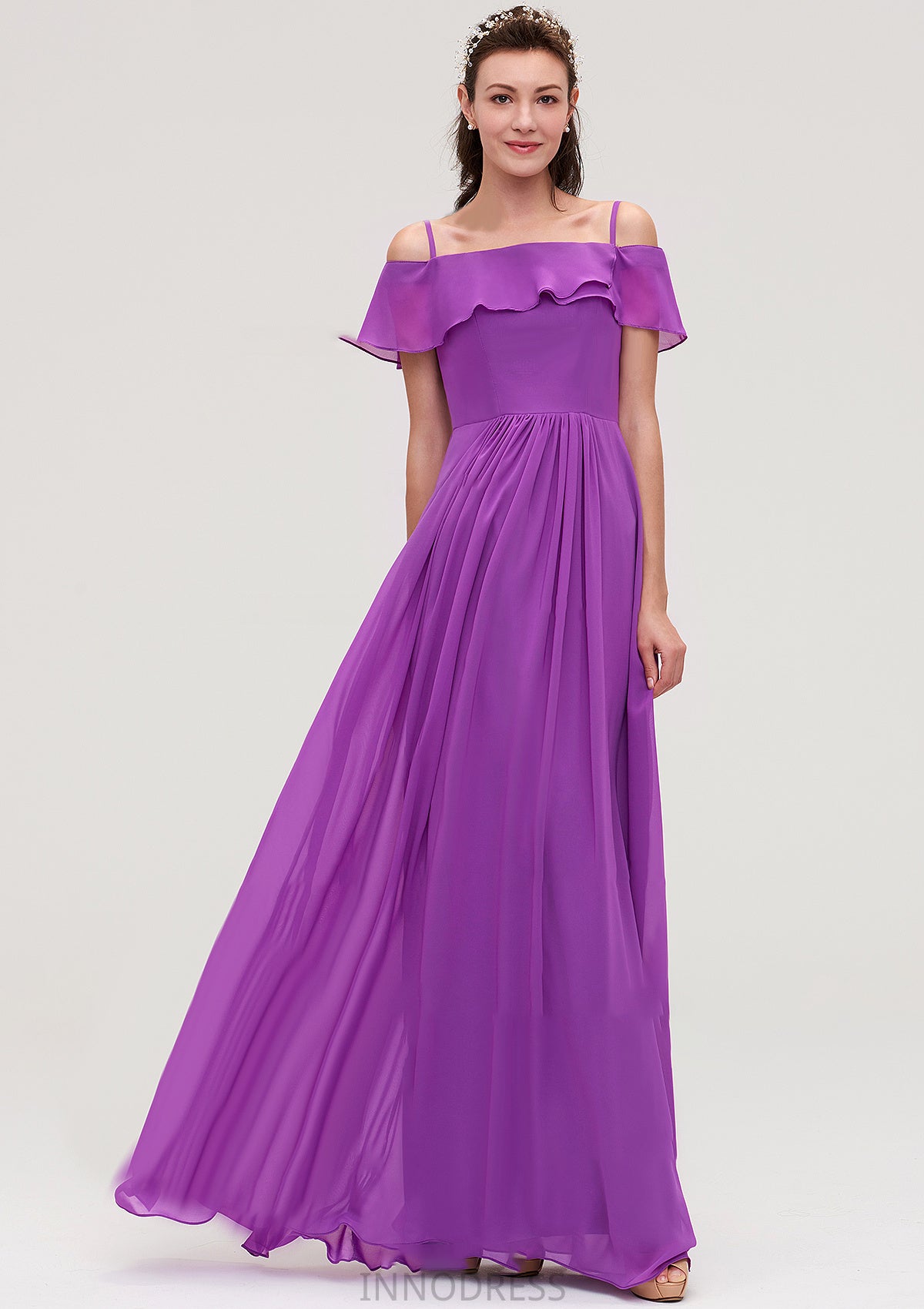 Sleeveless Off-the-Shoulder Chiffon A-line/Princess Long/Floor-Length Bridesmaid Dresseses With Ruffles Sherlyn DPP0025452