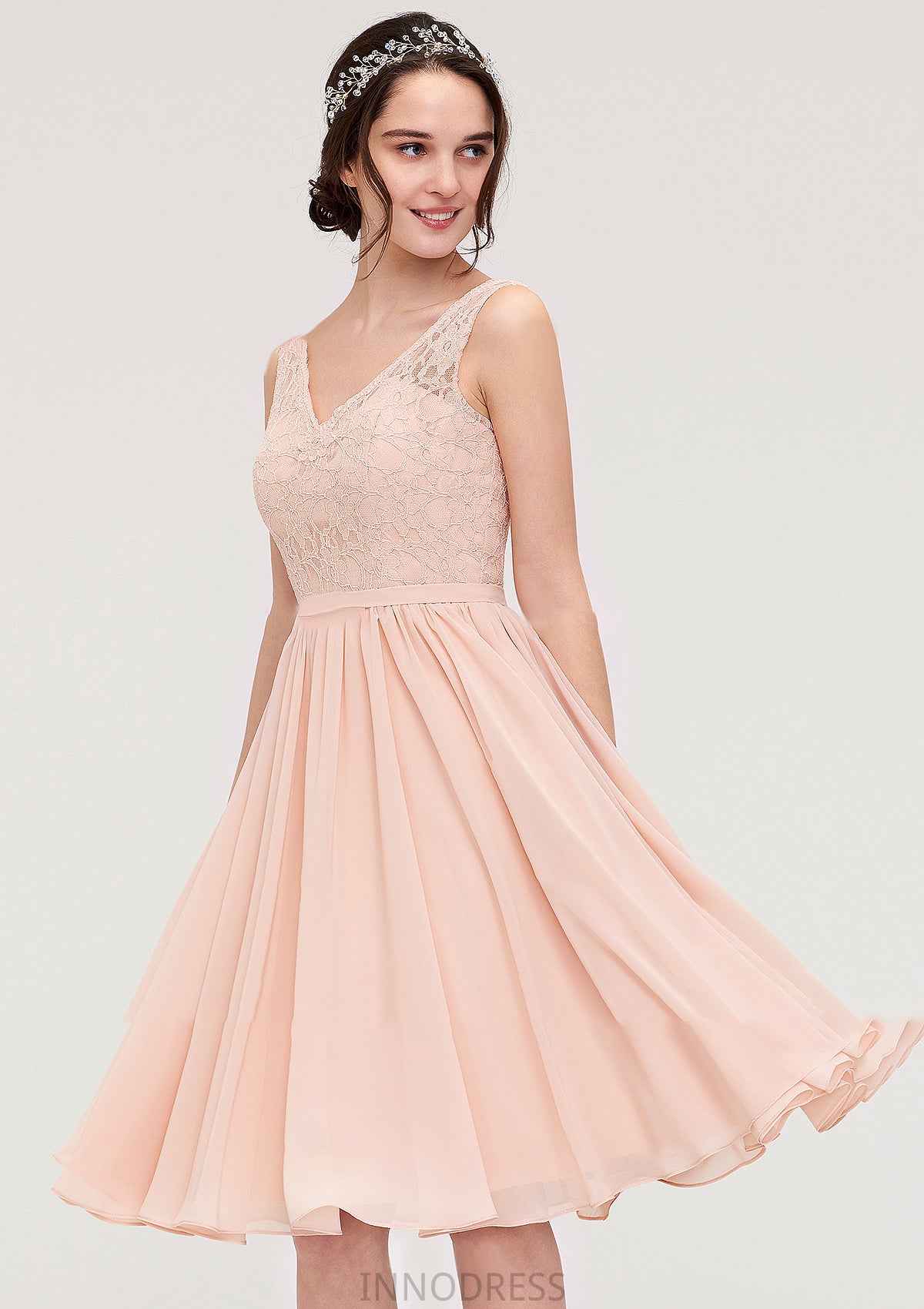 Sleeveless V Neck A-line/Princess Chiffon Knee-Length Bridesmaid Dresses With Lace Bria DPP0025453