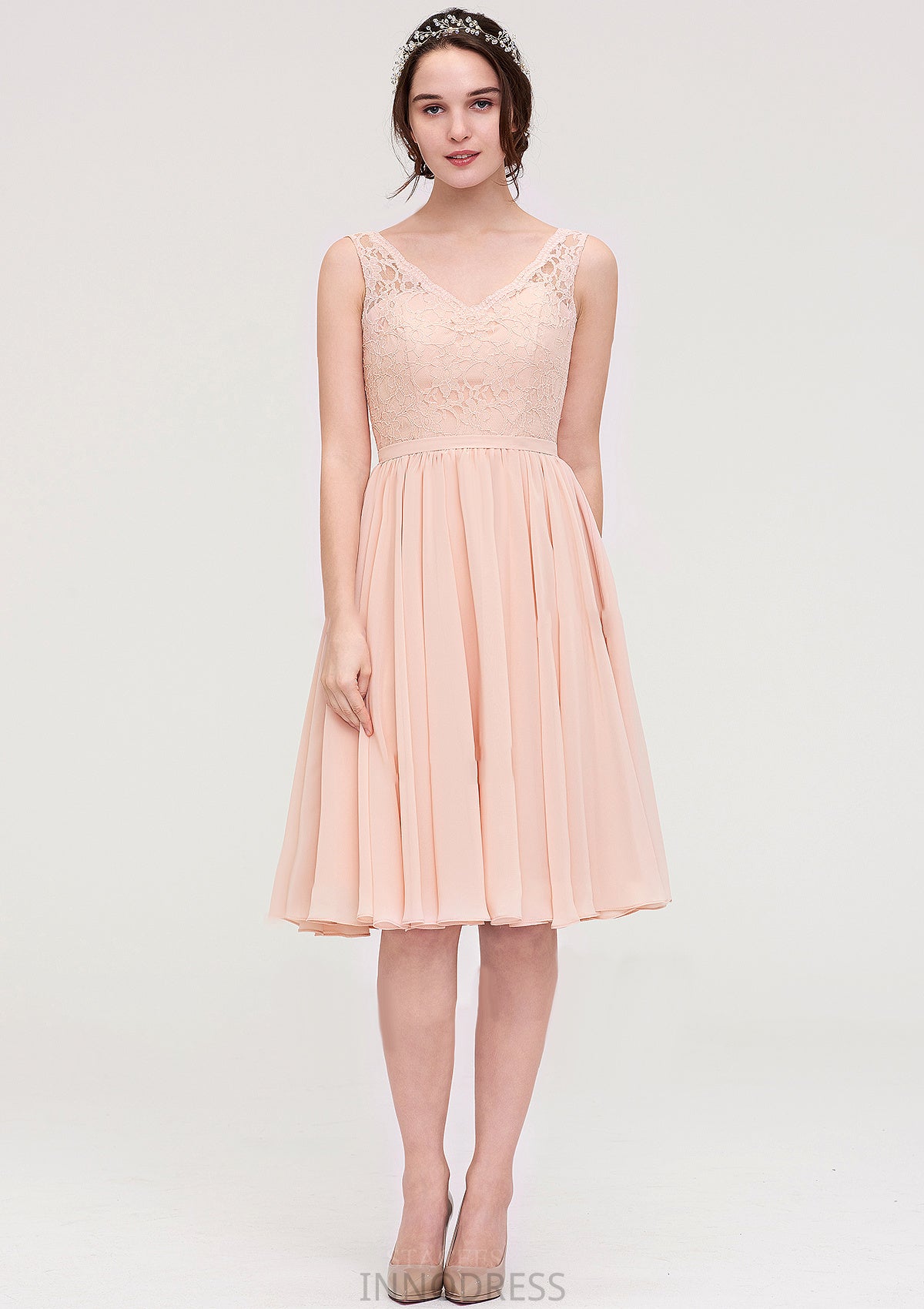 Sleeveless V Neck A-line/Princess Chiffon Knee-Length Bridesmaid Dresses With Lace Bria DPP0025453