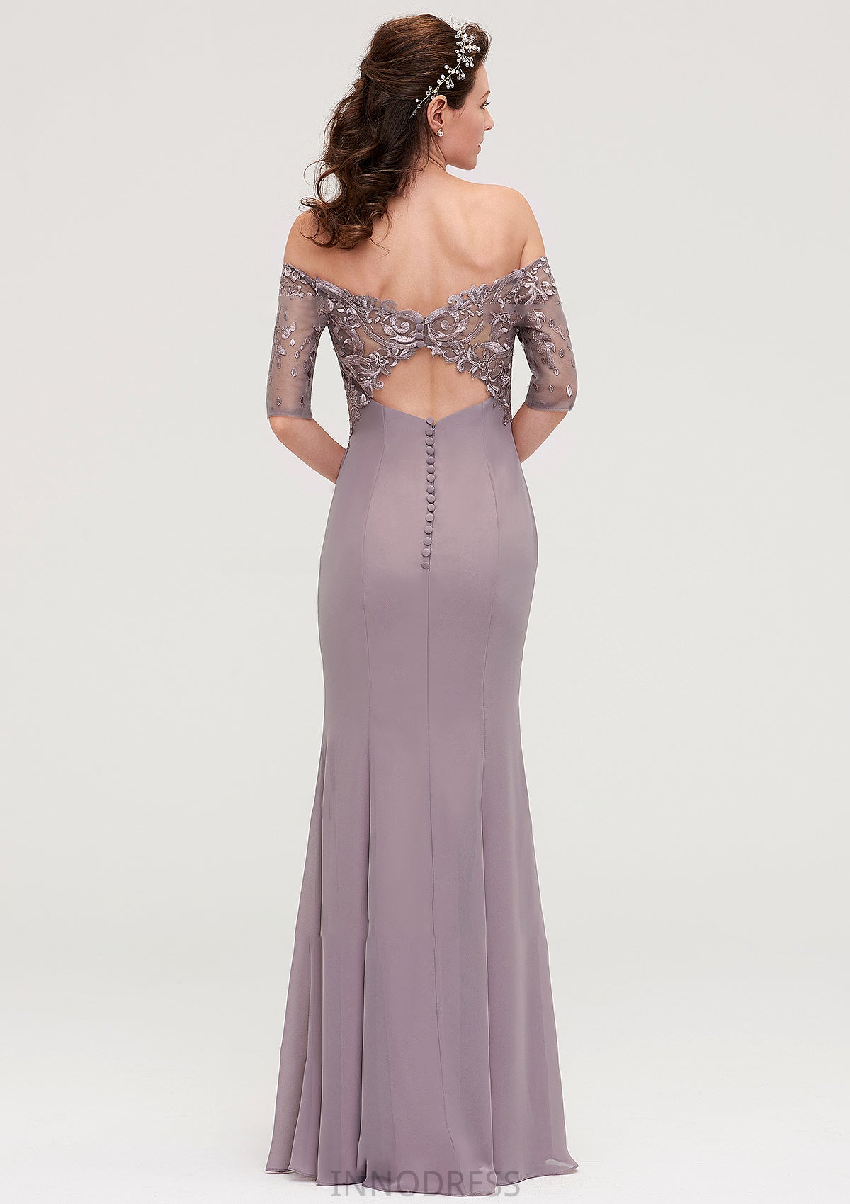 Off-the-Shoulder Half Sleeve Sheath/Column Long/Floor-Length Chiffon Bridesmaid Dresseses With Appliqued Hadley DPP0025458