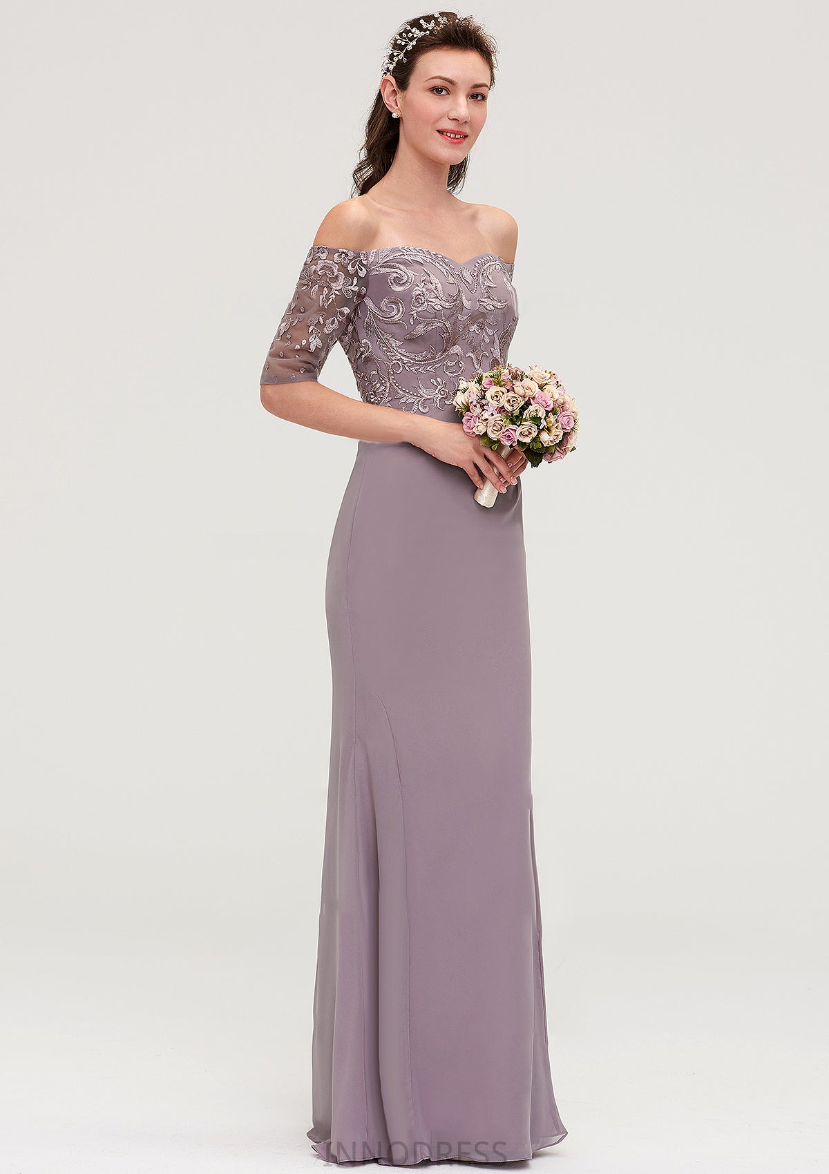 Off-the-Shoulder Half Sleeve Sheath/Column Long/Floor-Length Chiffon Bridesmaid Dresseses With Appliqued Hadley DPP0025458