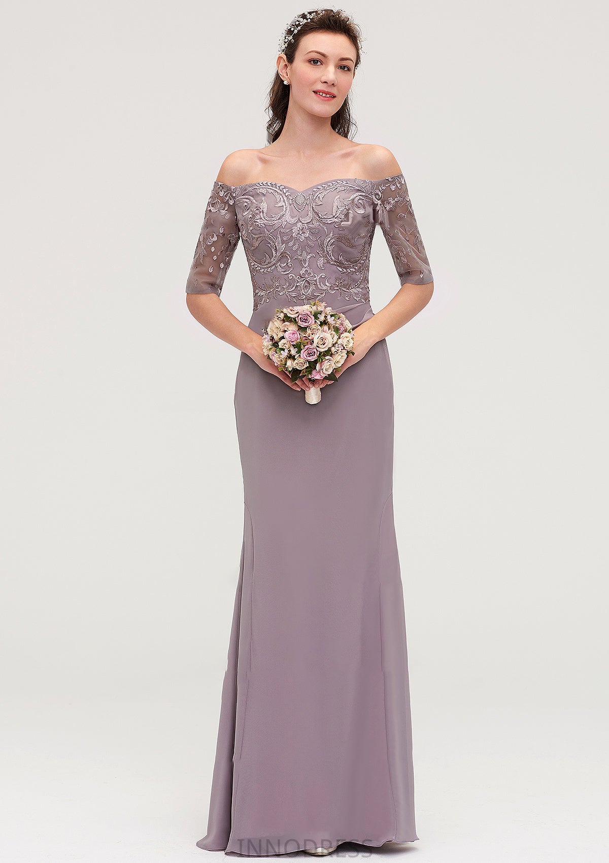 Off-the-Shoulder Half Sleeve Sheath/Column Long/Floor-Length Chiffon Bridesmaid Dresseses With Appliqued Hadley DPP0025458