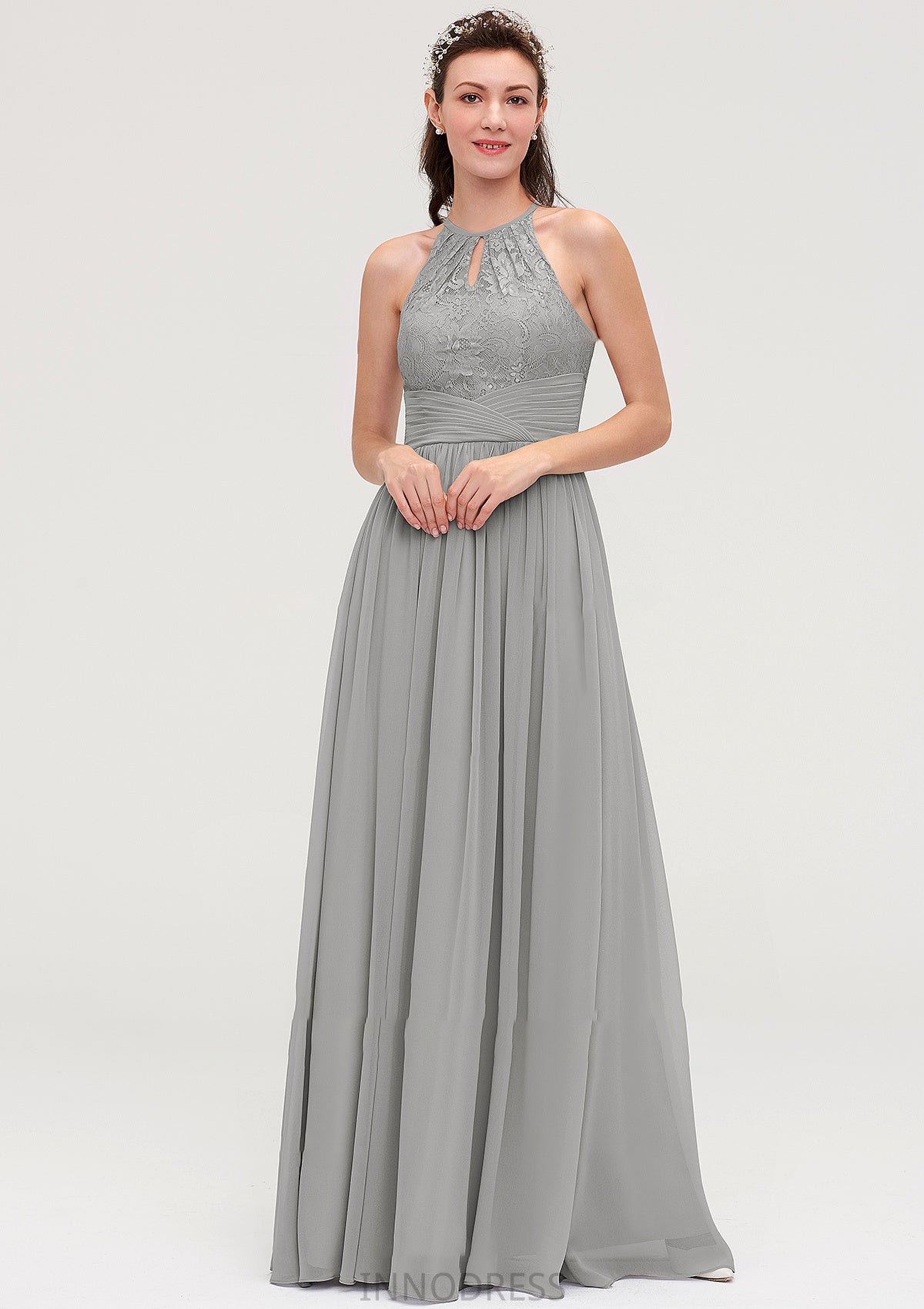 Sleeveless Scoop Neck Chiffon A-line/Princess Long/Floor-Length Bridesmaid Dresseses With Pleated Lace Alma DPP0025460