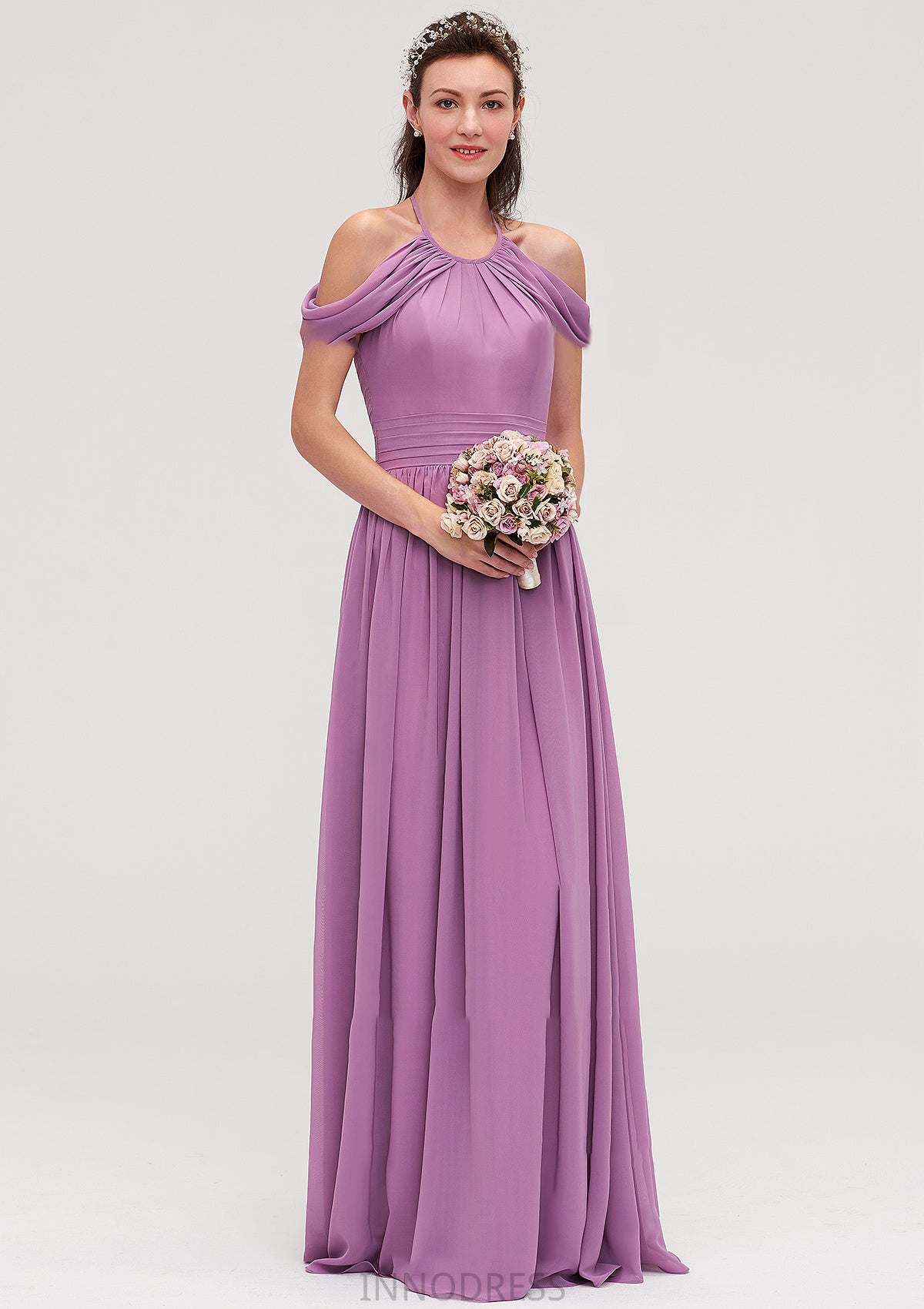 Scoop Neck Sleeveless Chiffon A-line/Princess Long/Floor-Length Bridesmaid Dresseses With Pleated Trudie DPP0025461