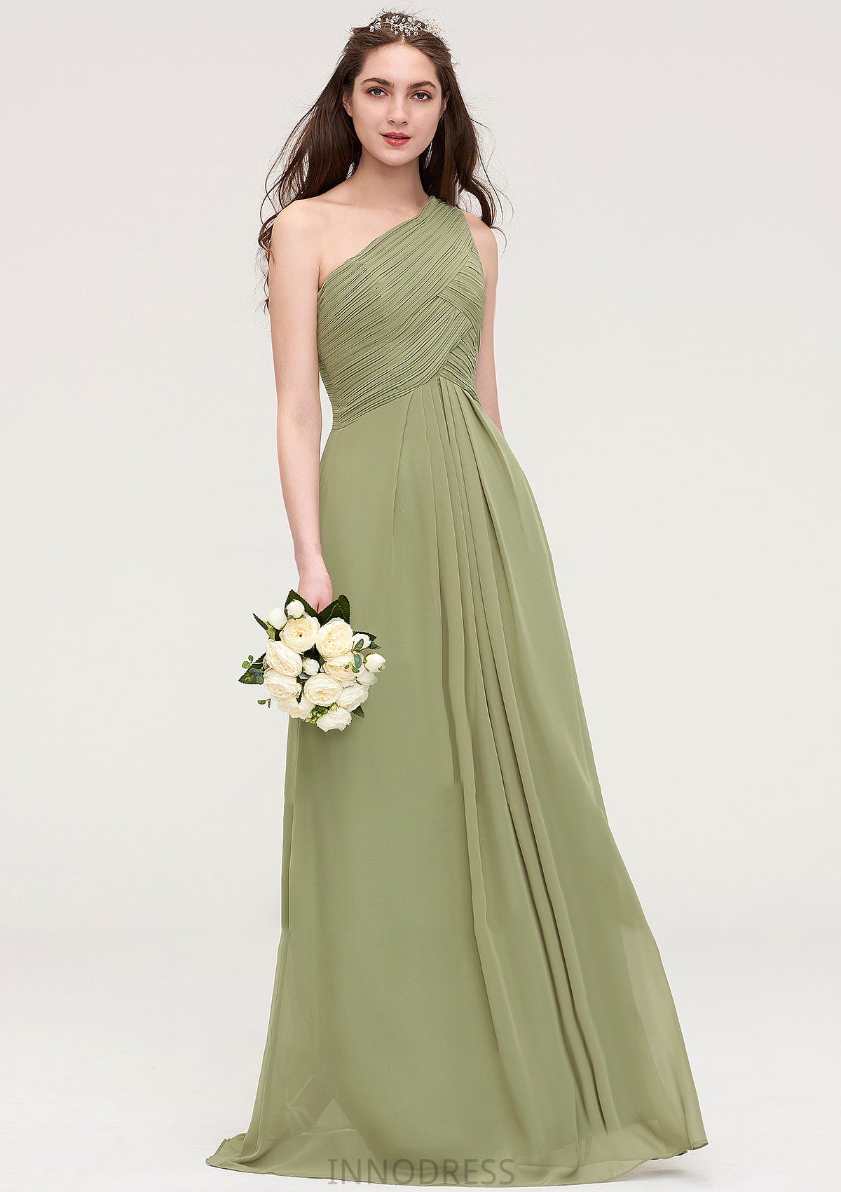 Sleeveless One-Shoulder Long/Floor-Length Chiffon A-line/Princess Bridesmaid Dresses With Pleated Amiah DPP0025463