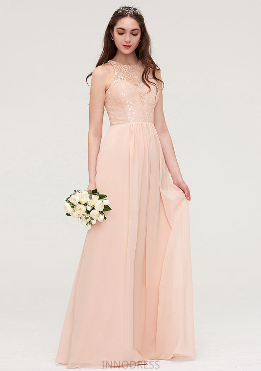 Bateau Sleeveless Long/Floor-Length Chiffon A-line/Princess Bridesmaid Dresses With Lace Pleated Nola DPP0025464