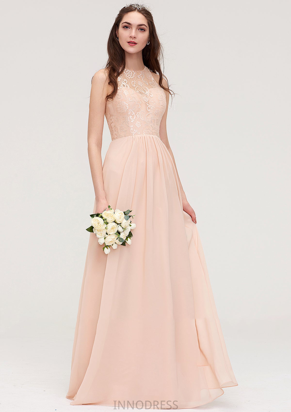 Bateau Sleeveless Long/Floor-Length Chiffon A-line/Princess Bridesmaid Dresses With Lace Pleated Nola DPP0025464