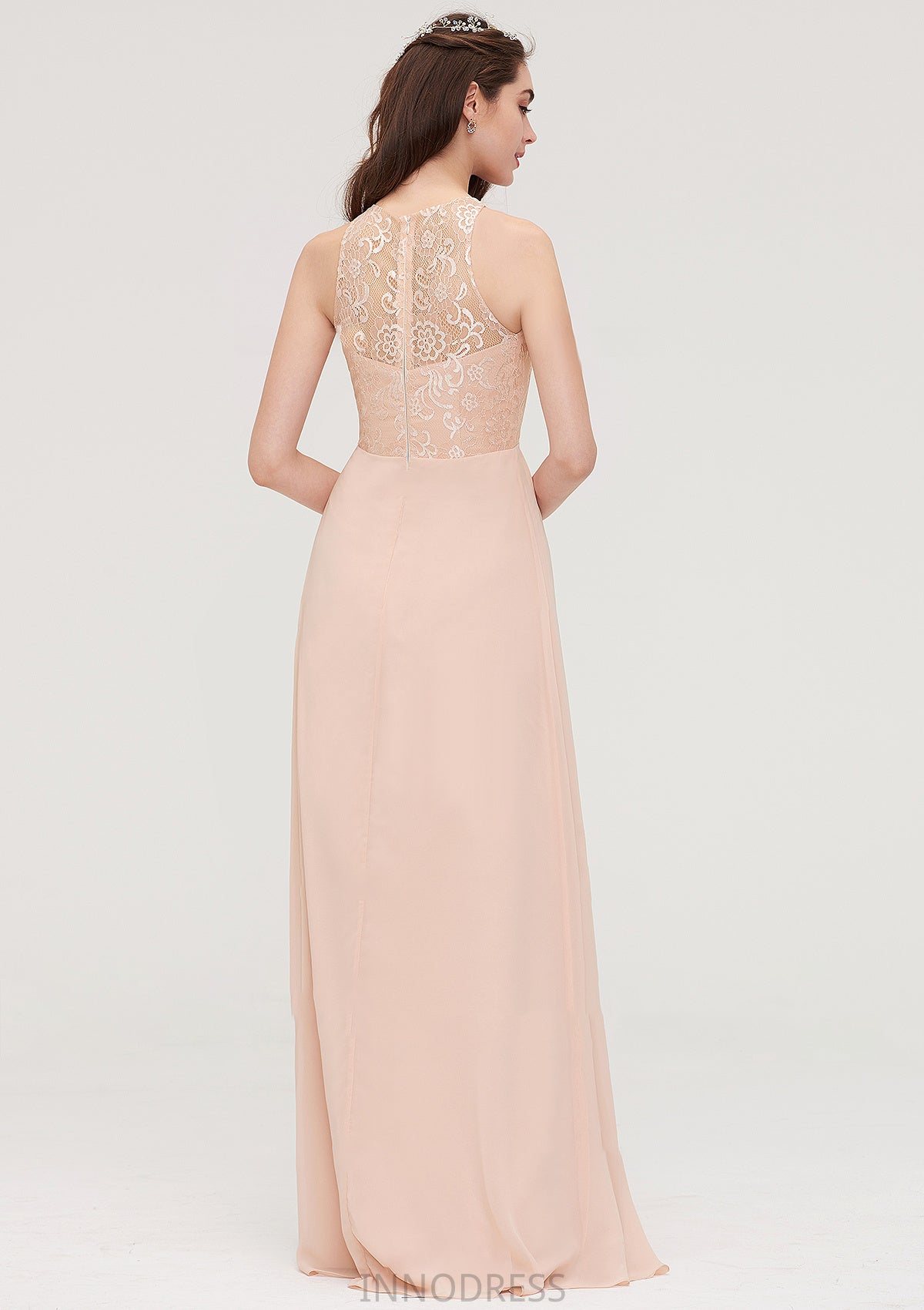 Bateau Sleeveless Long/Floor-Length Chiffon A-line/Princess Bridesmaid Dresses With Lace Pleated Nola DPP0025464