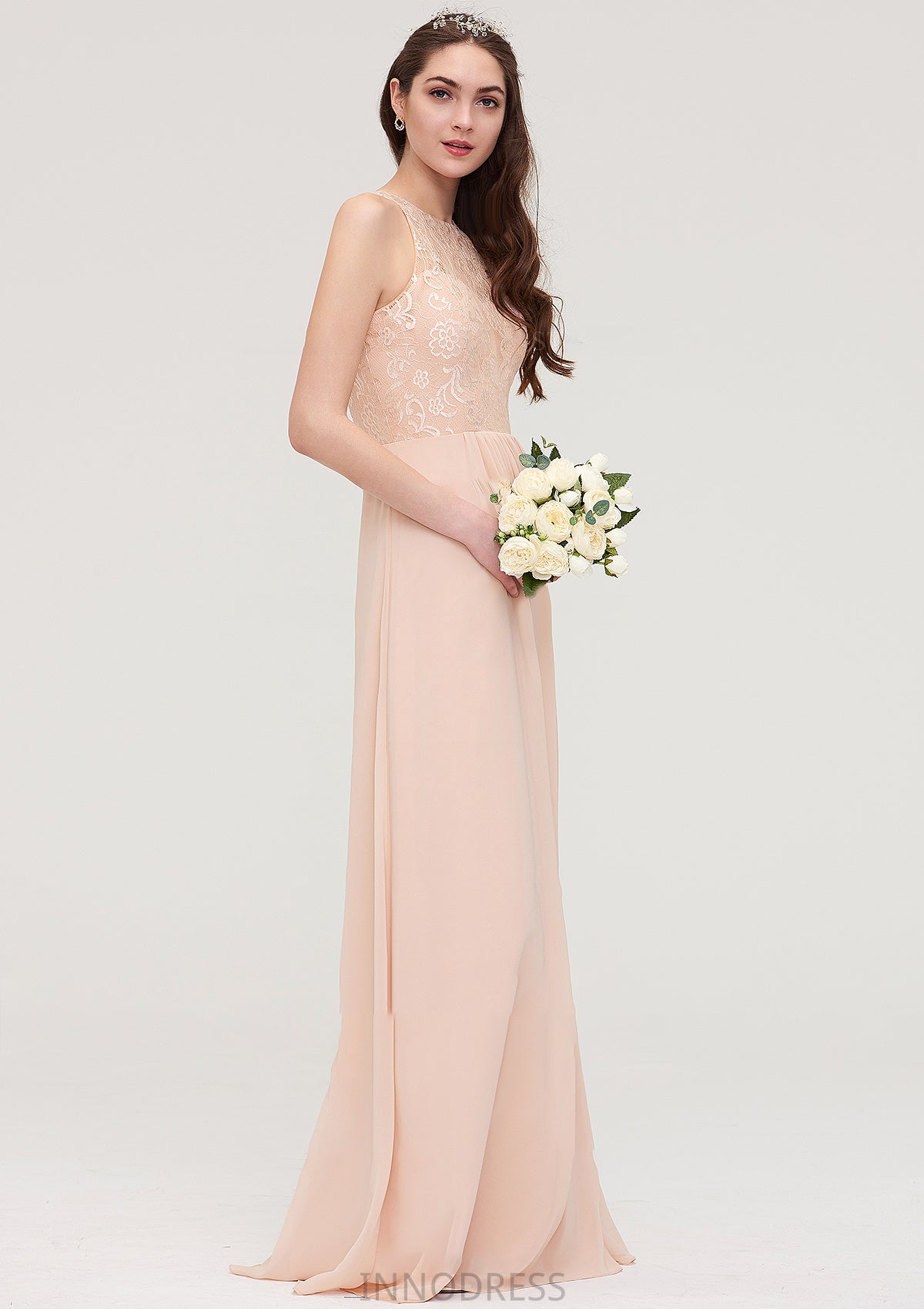 Bateau Sleeveless Long/Floor-Length Chiffon A-line/Princess Bridesmaid Dresses With Lace Pleated Nola DPP0025464