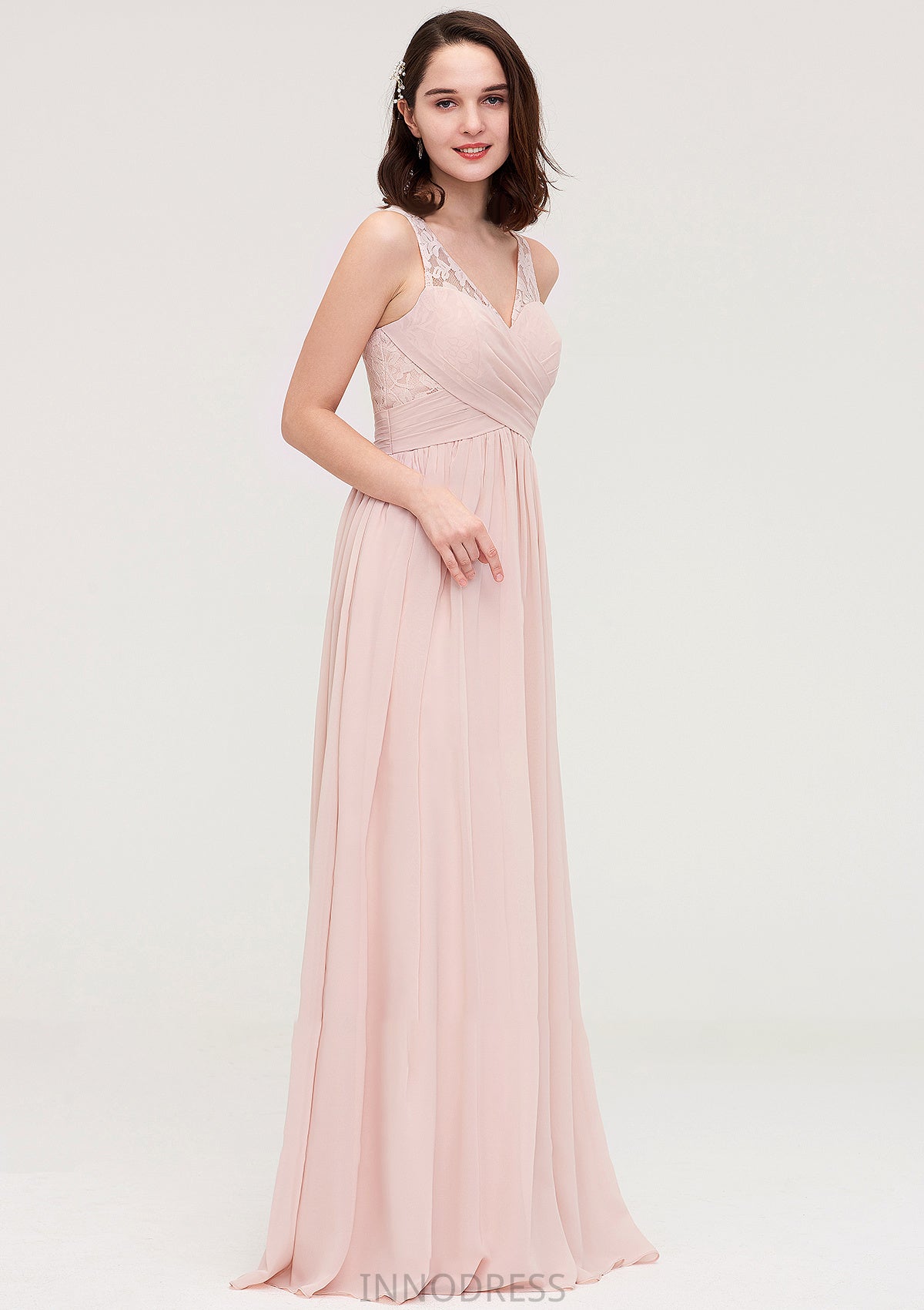 Sleeveless V Neck Long/Floor-Length Chiffon A-line/Princess Bridesmaid Dresses With Pleated Appliqued Hailey DPP0025467