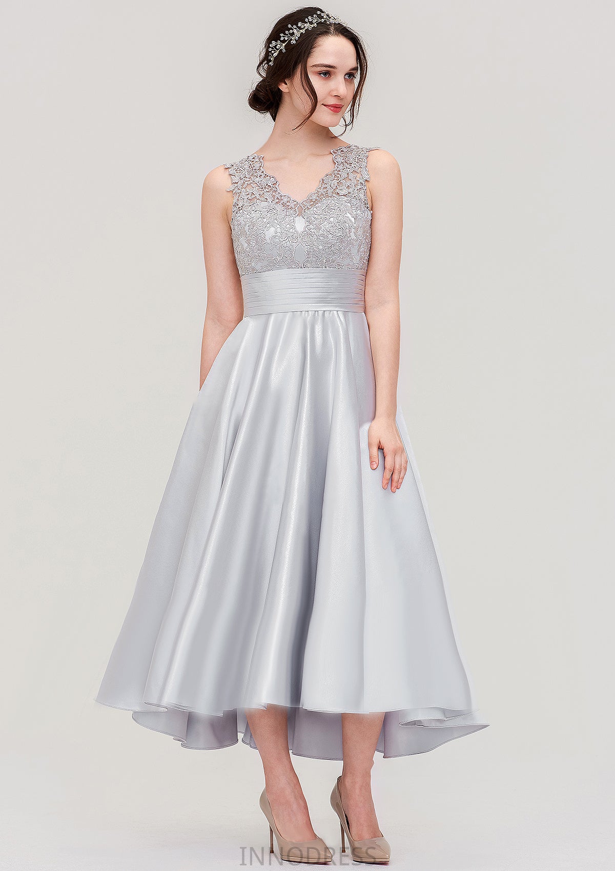 Sleeveless V Neck Asymmetrical Satin A-line/Princess Bridesmaid Dresses With Pleated Lace Sharon DPP0025468