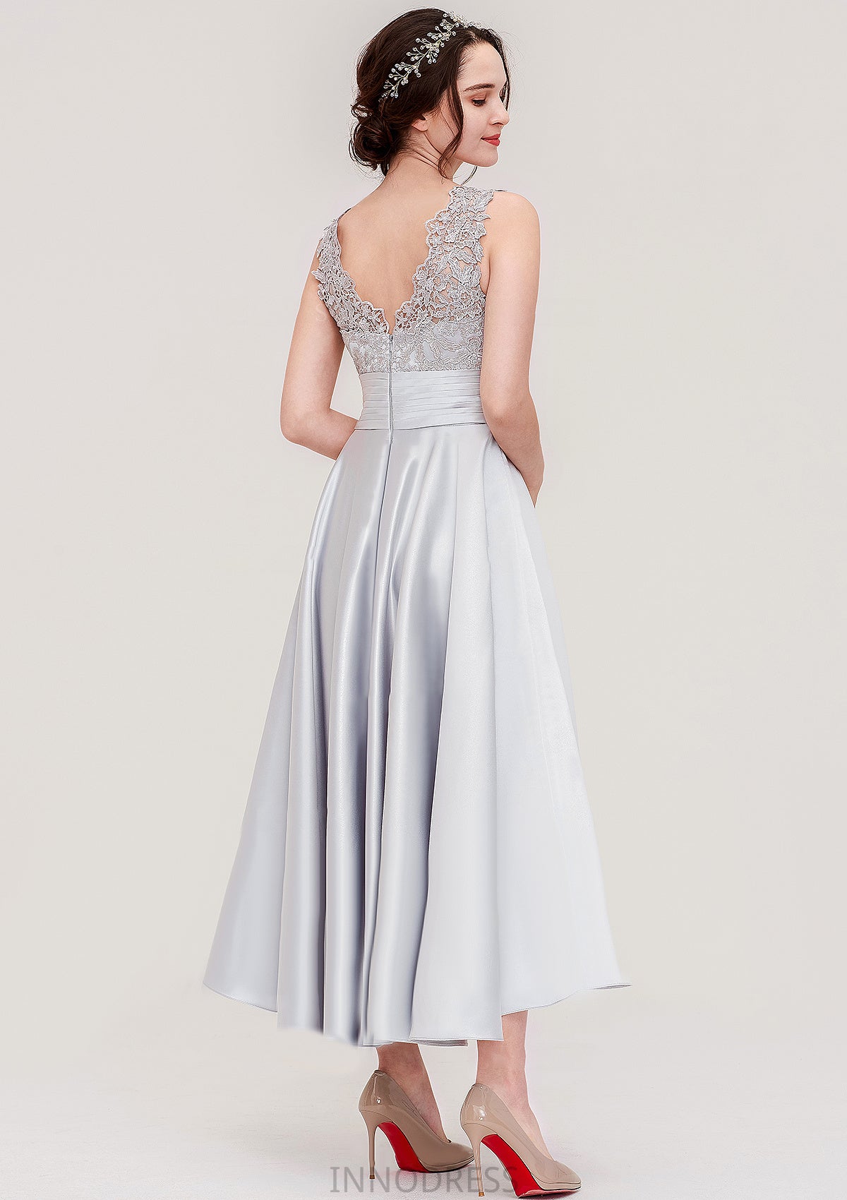 Sleeveless V Neck Asymmetrical Satin A-line/Princess Bridesmaid Dresses With Pleated Lace Sharon DPP0025468