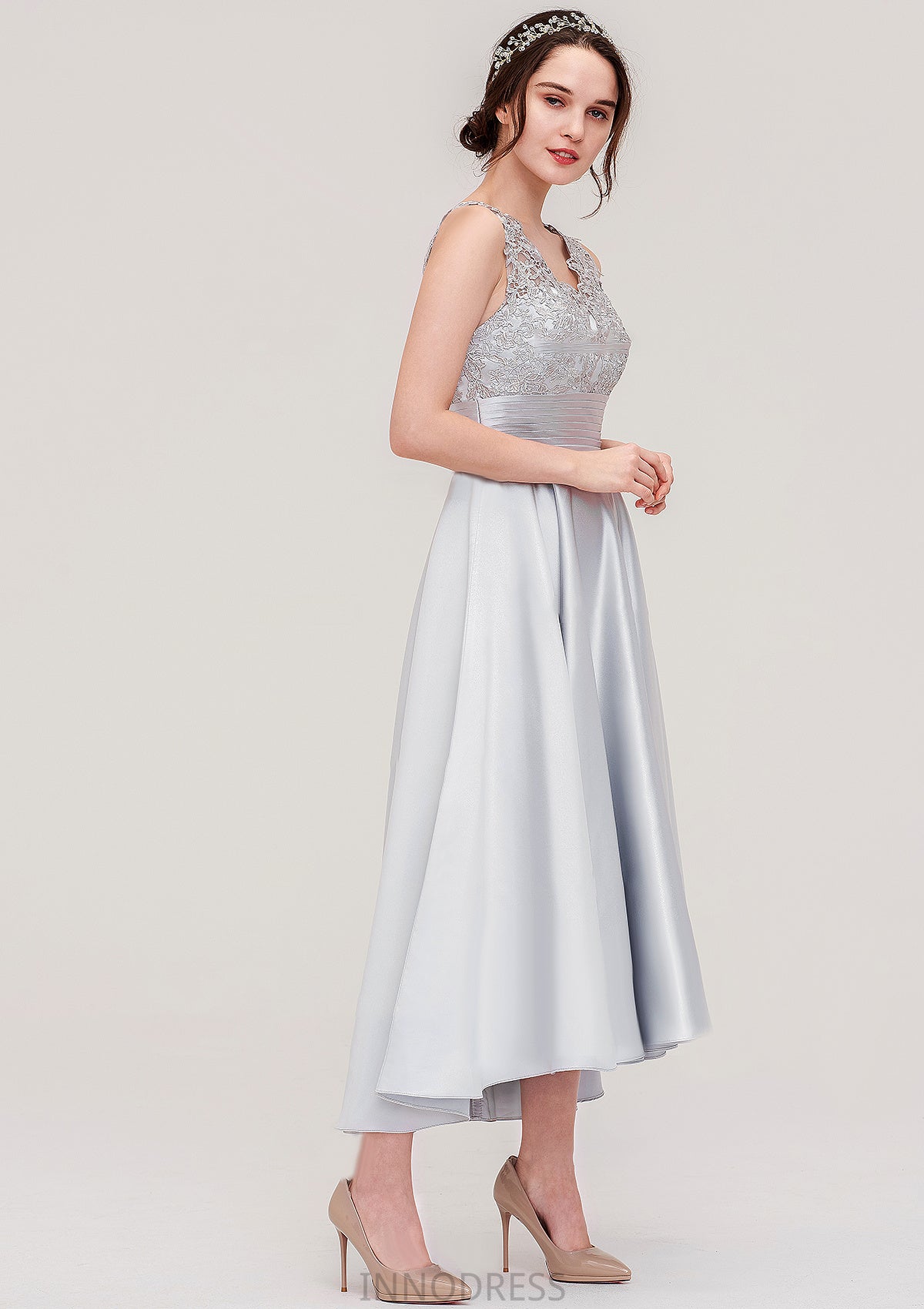 Sleeveless V Neck Asymmetrical Satin A-line/Princess Bridesmaid Dresses With Pleated Lace Sharon DPP0025468