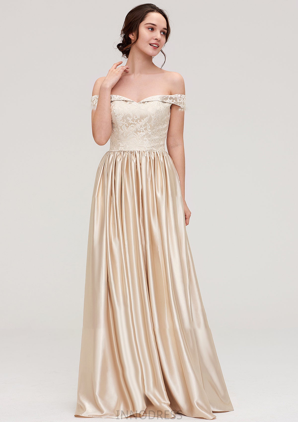 Off-the-Shoulder SleevelessA-line/Princess Charmeuse  Long/Floor-Length Bridesmaid Dresses With Appliqued Mina DPP0025469