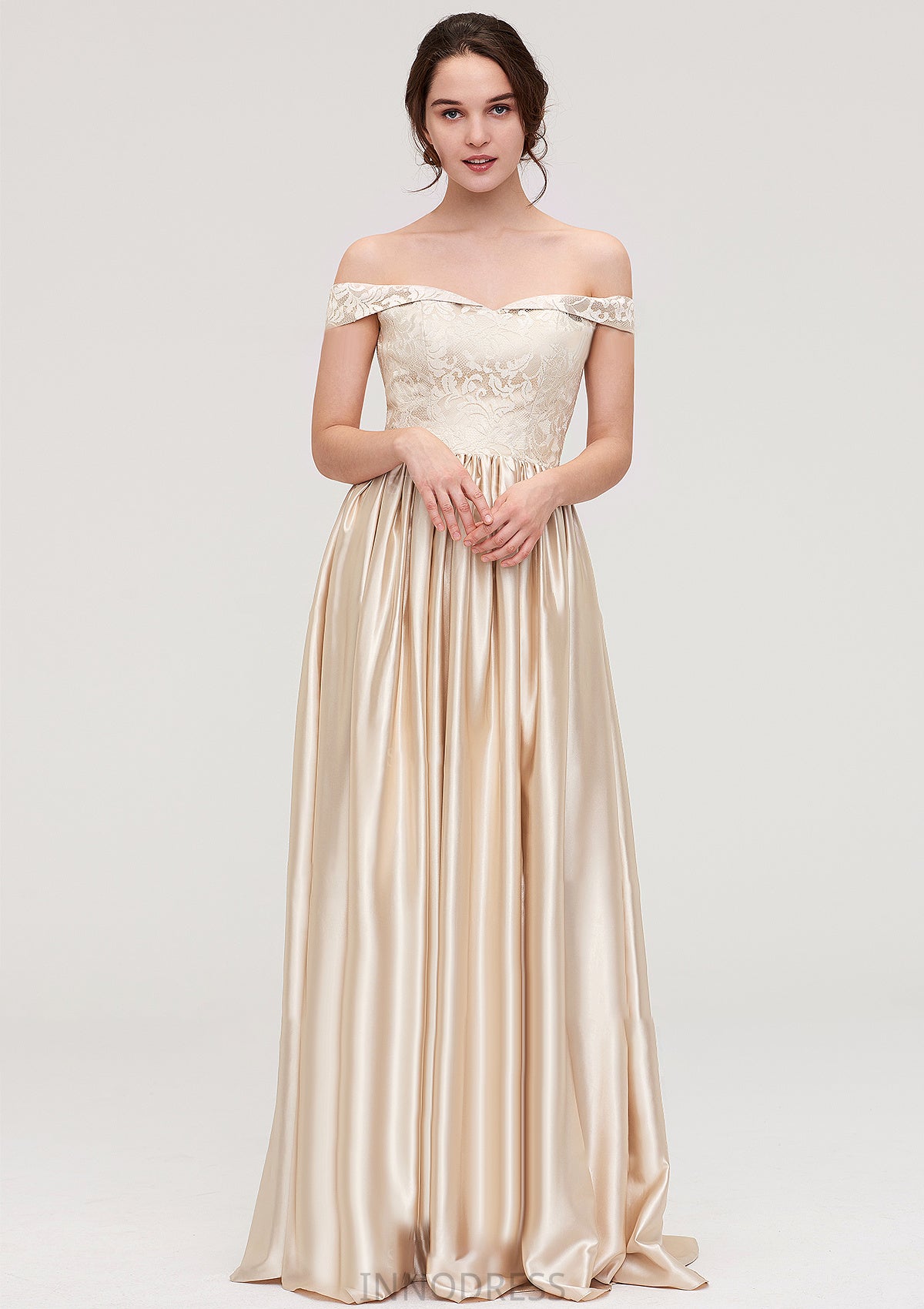 Off-the-Shoulder SleevelessA-line/Princess Charmeuse  Long/Floor-Length Bridesmaid Dresses With Appliqued Mina DPP0025469