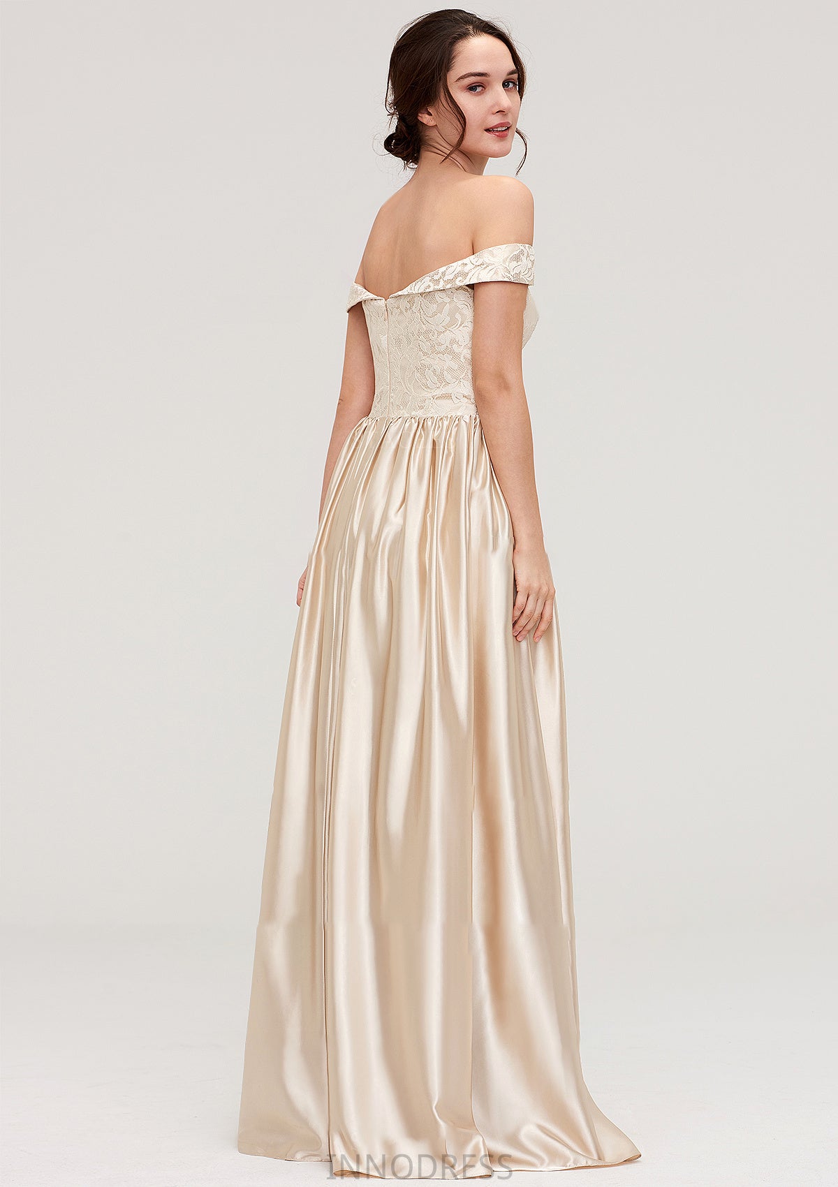 Off-the-Shoulder SleevelessA-line/Princess Charmeuse  Long/Floor-Length Bridesmaid Dresses With Appliqued Mina DPP0025469