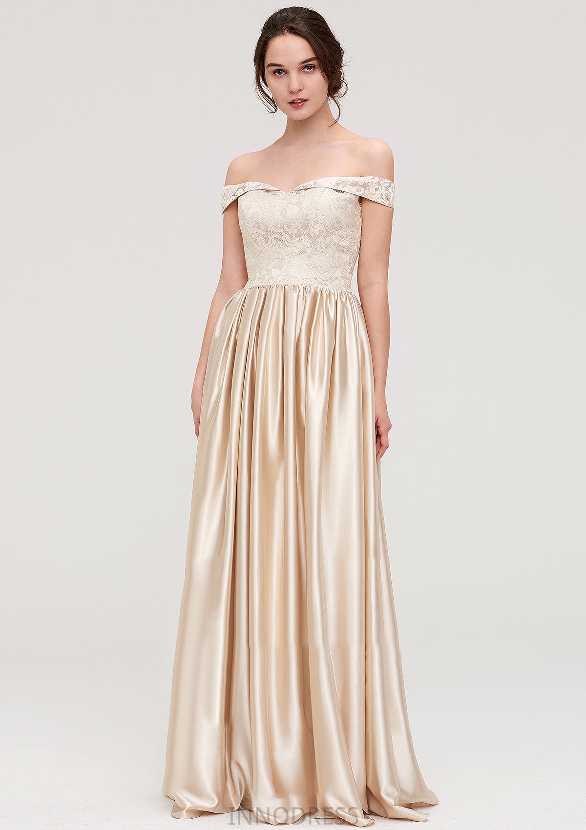 Off-the-Shoulder SleevelessA-line/Princess Charmeuse  Long/Floor-Length Bridesmaid Dresses With Appliqued Mina DPP0025469