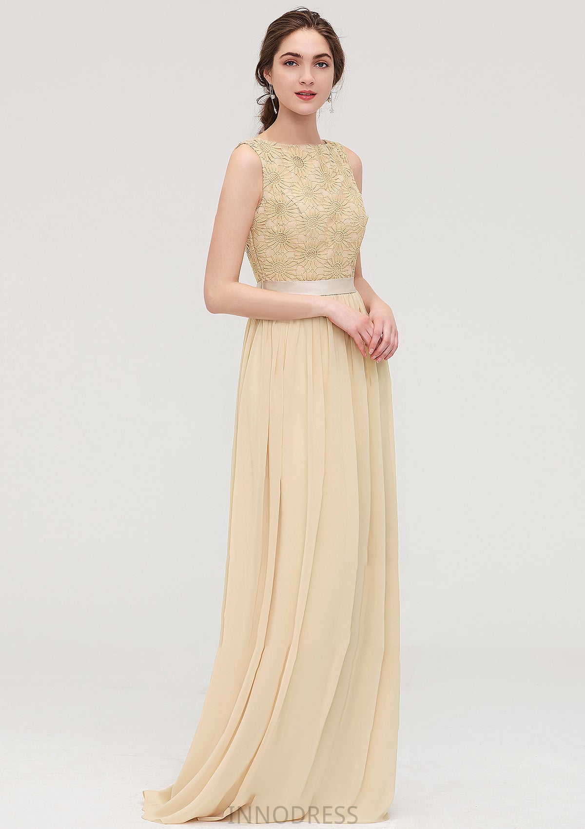 Bateau Sleeveless A-line/Princess Chiffon Long/Floor-Length Bridesmaid Dresses With Sashes Lace Jaiden DPP0025472