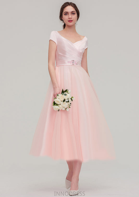 Sweetheart Short Sleeve Tea-Length Tulle A-line/Princess Bridesmaid Dresses With Waistband Beading Pleated Karsyn DPP0025473