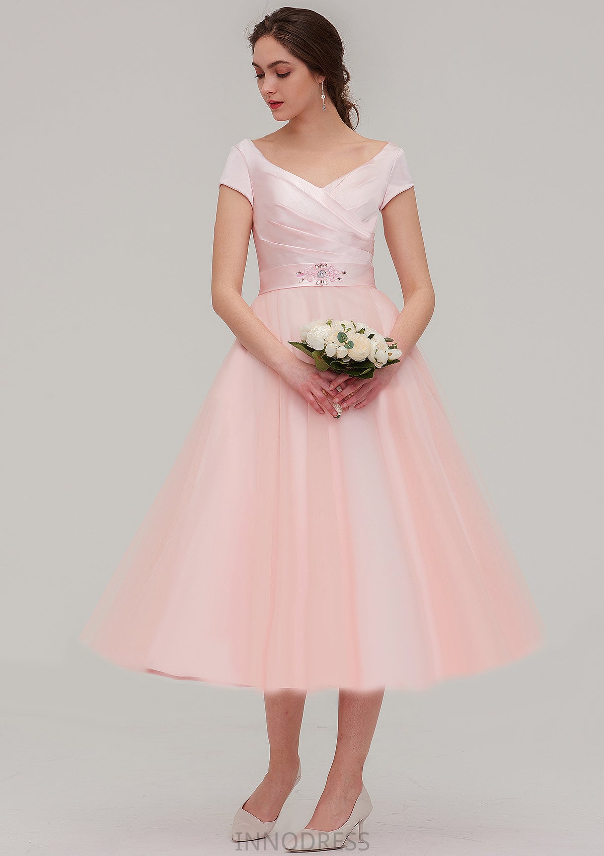 Sweetheart Short Sleeve Tea-Length Tulle A-line/Princess Bridesmaid Dresses With Waistband Beading Pleated Karsyn DPP0025473