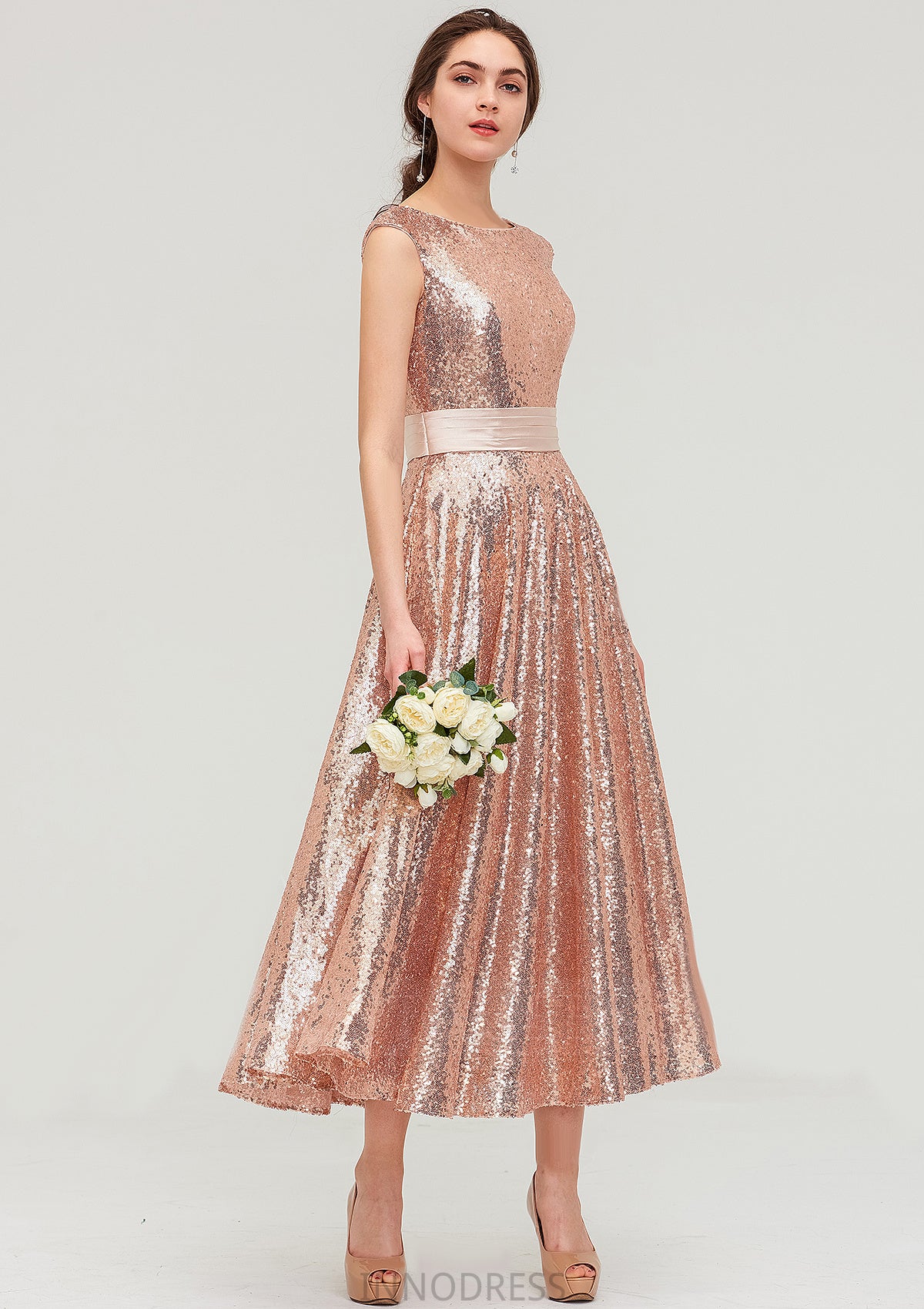 Bateau Sleeveless Tea-Length Sequined A-line/Princess Bridesmaid Dresses With Sashes Lia DPP0025474