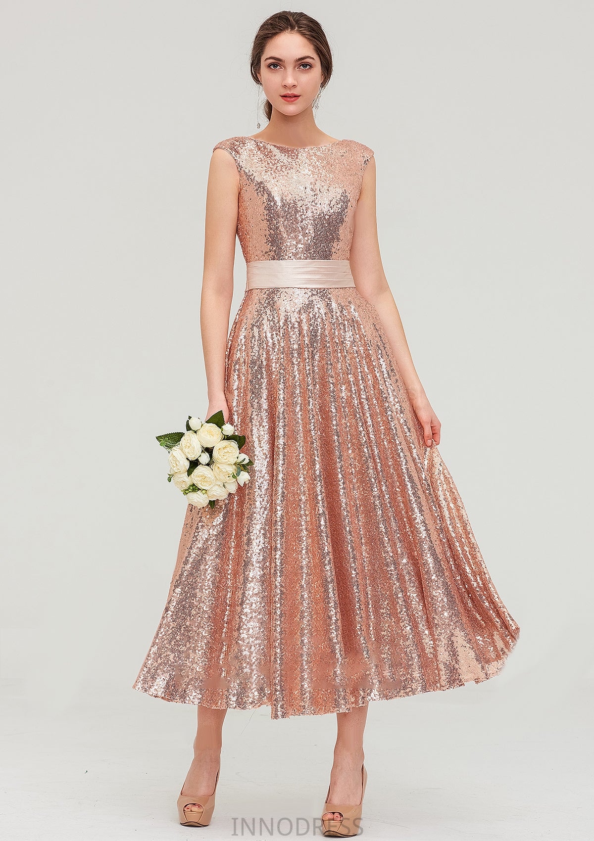 Bateau Sleeveless Tea-Length Sequined A-line/Princess Bridesmaid Dresses With Sashes Lia DPP0025474