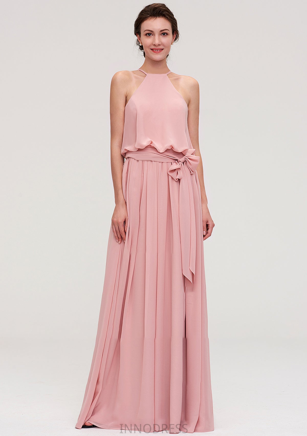 Sleeveless Scoop Neck A-line/Princess Chiffon Long/Floor-Length Bridesmaid Dresseses With Pleated Sashes Aryanna DPP0025476