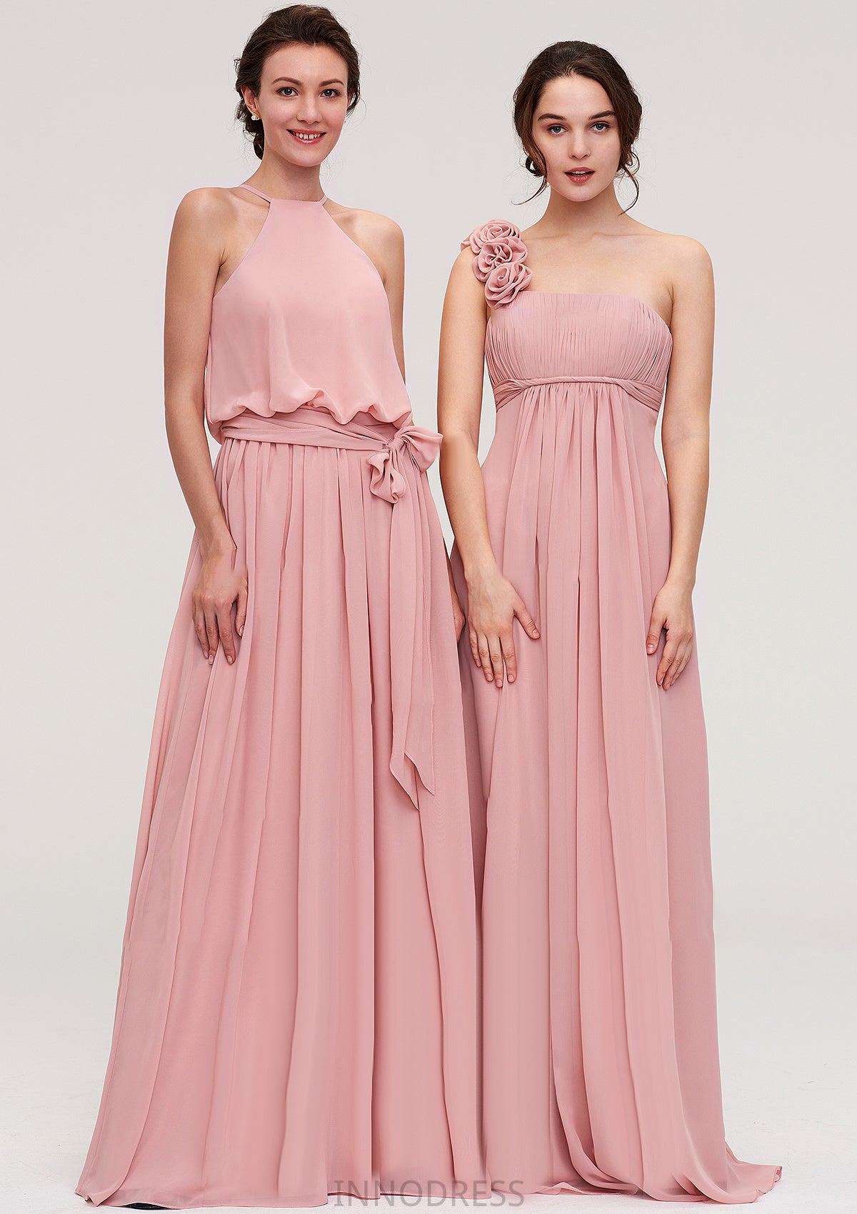 Sleeveless Scoop Neck A-line/Princess Chiffon Long/Floor-Length Bridesmaid Dresseses With Pleated Sashes Aryanna DPP0025476