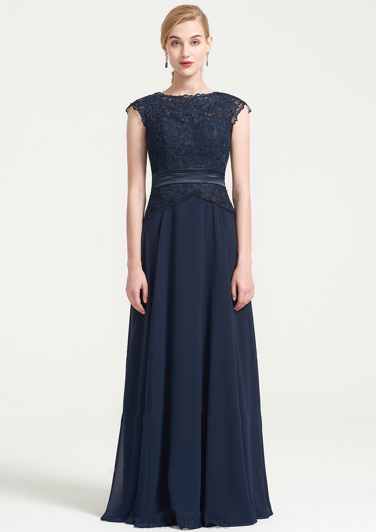 Bateau Sleeveless A-line/Princess Chiffon Long/Floor-Length Bridesmaid Dresses With Sashes Lace Pleated Itzel DPP0025480