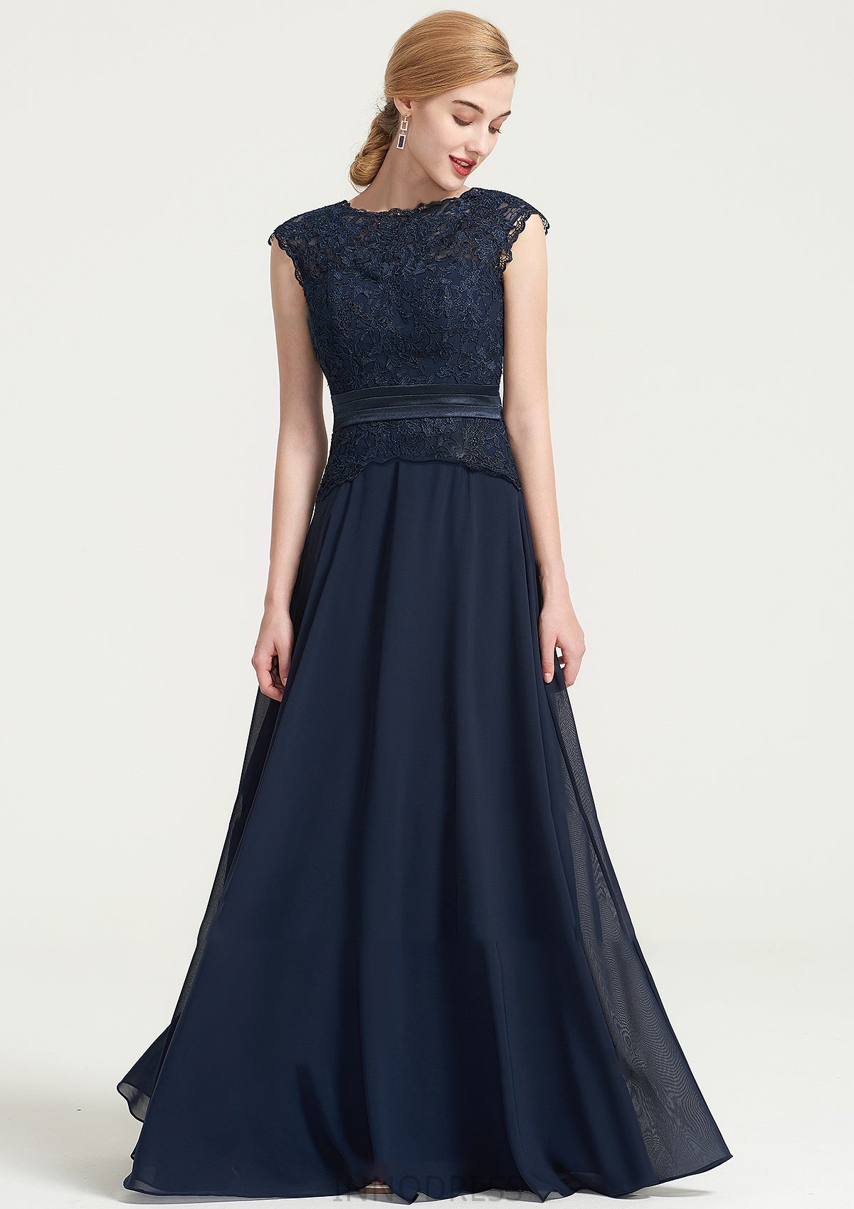 Bateau Sleeveless A-line/Princess Chiffon Long/Floor-Length Bridesmaid Dresses With Sashes Lace Pleated Itzel DPP0025480