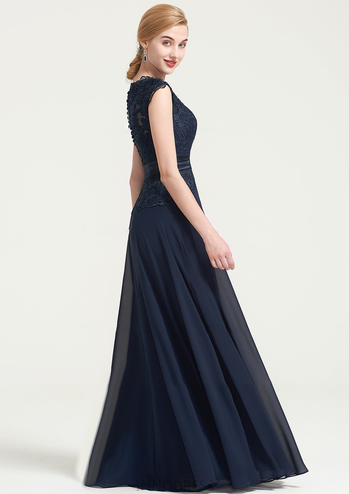 Bateau Sleeveless A-line/Princess Chiffon Long/Floor-Length Bridesmaid Dresses With Sashes Lace Pleated Itzel DPP0025480