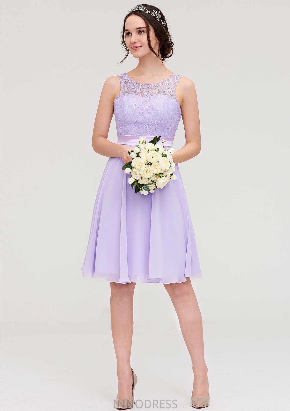 Sleeveless Knee-Length Chiffon A-line/Princess Bridesmaid Dresses With Sashes Lace June DPP0025481