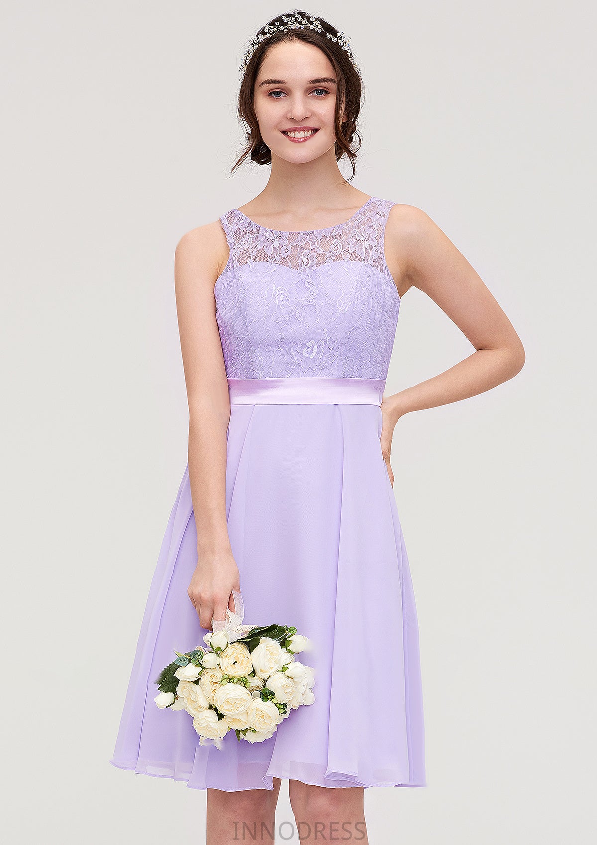 Sleeveless Knee-Length Chiffon A-line/Princess Bridesmaid Dresses With Sashes Lace June DPP0025481