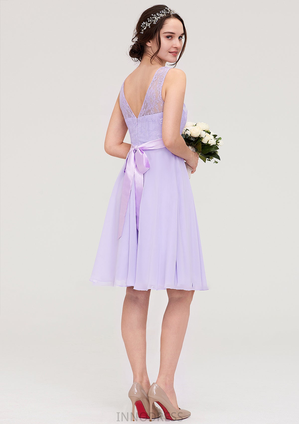 Sleeveless Knee-Length Chiffon A-line/Princess Bridesmaid Dresses With Sashes Lace June DPP0025481