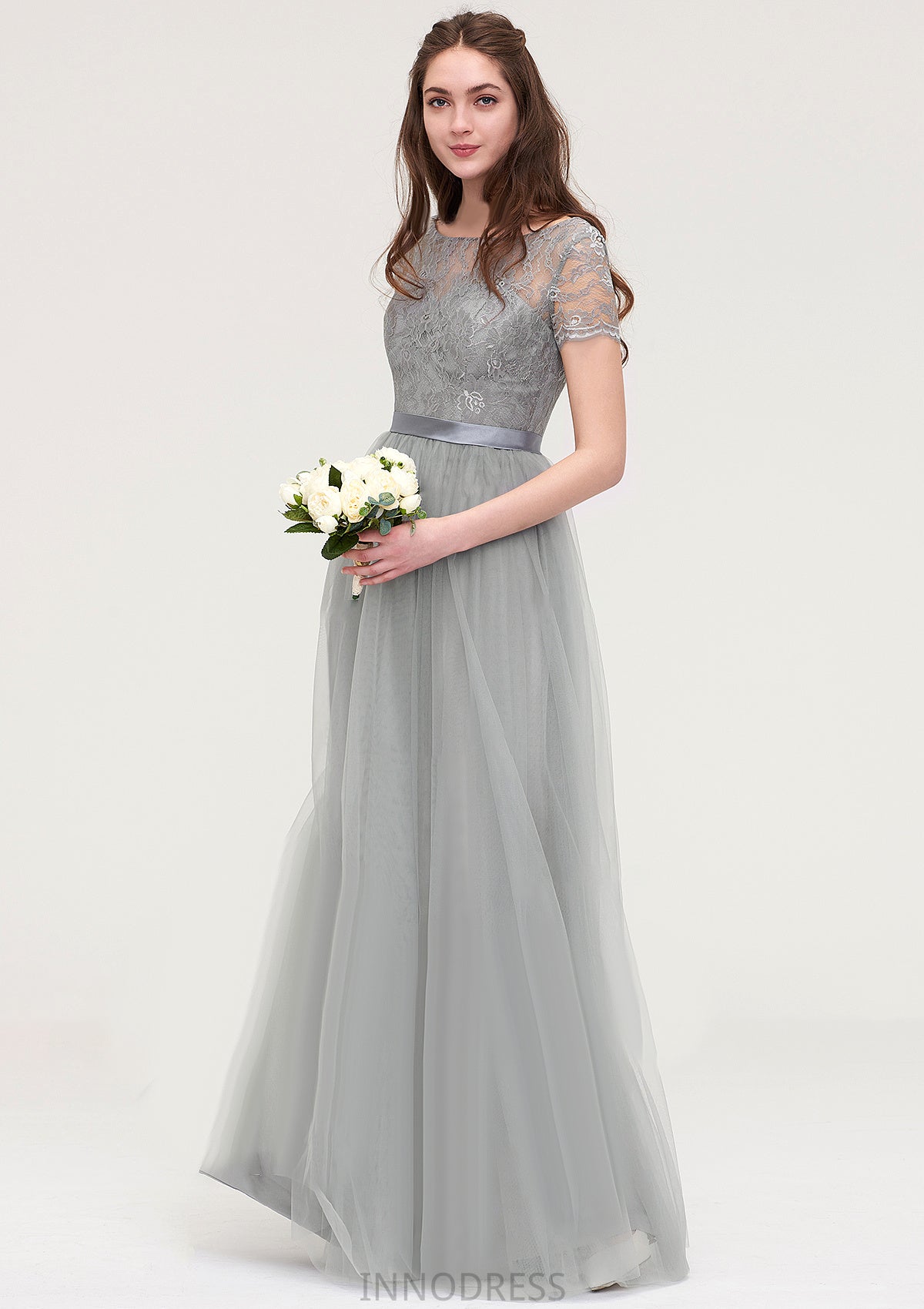 Bateau Short Sleeve Long/Floor-Length Tulle A-line/Princess Bridesmaid Dresses With Sashes Lace Ariana DPP0025482